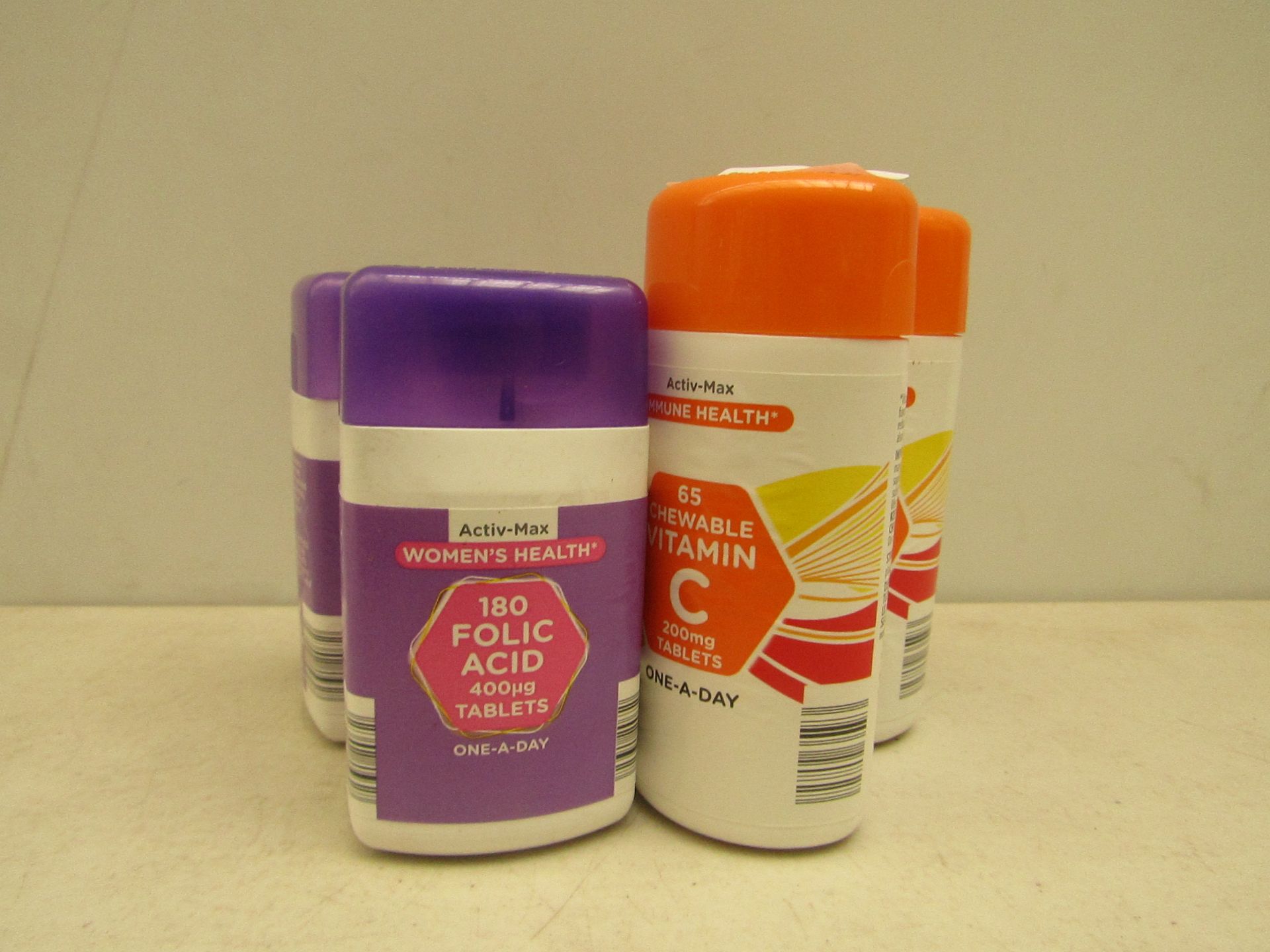 This lot includes 2x Activ-max 180 folic acid tablets and 2x Activ-max 65 chewable vitamin C