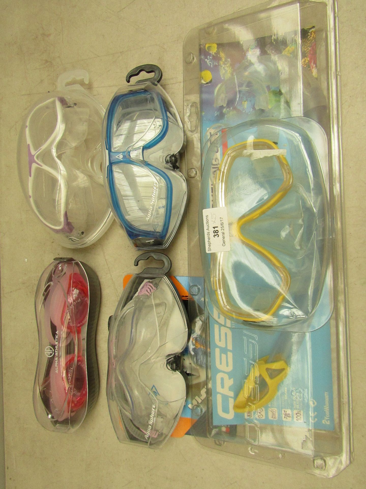 5x Various Swimming Goggles (1 is a snorkeling set). All in packaging.