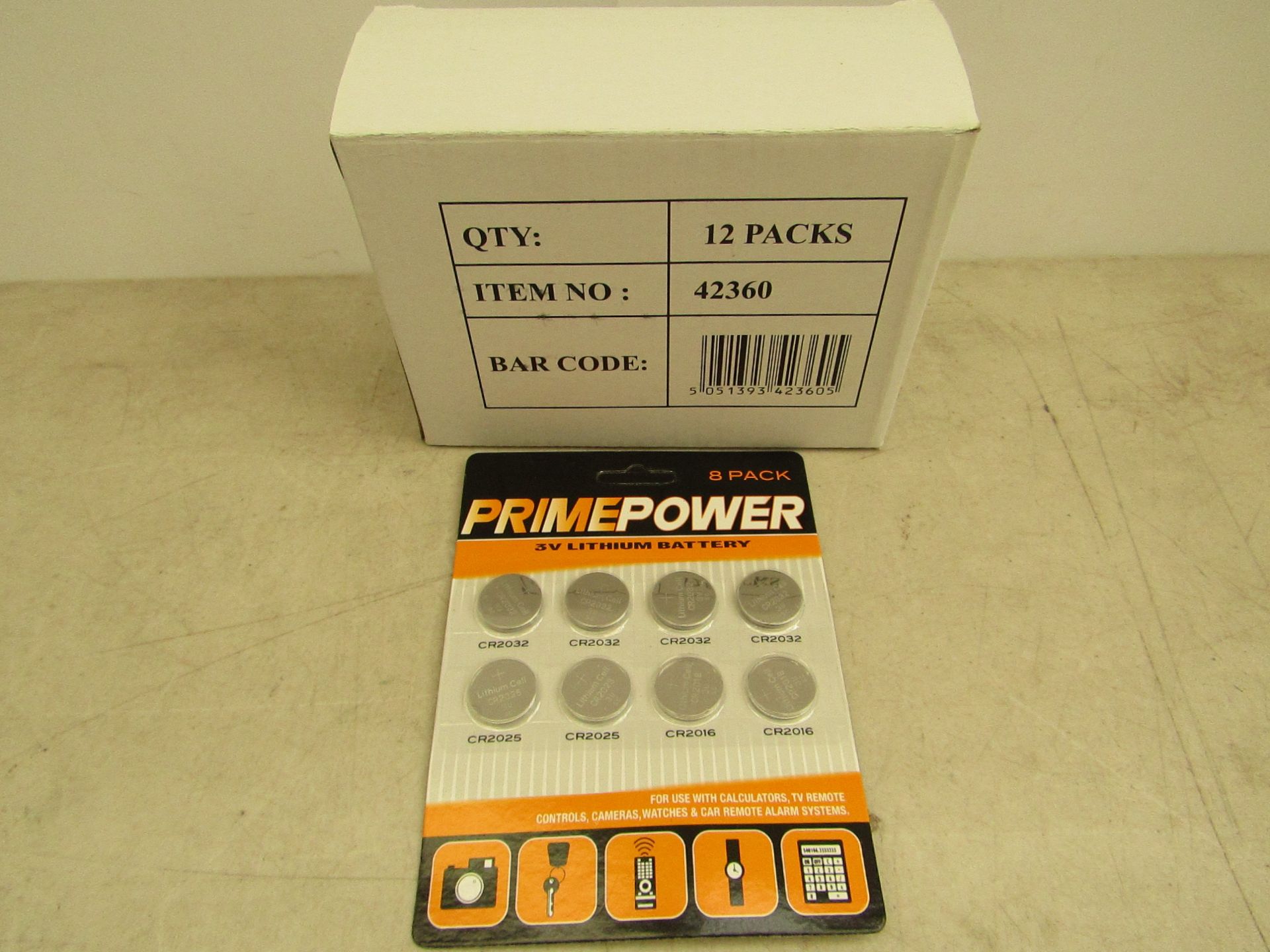 2x Boxes each containing 12x packs of 8 Prime Power 3V Lithium Batteries (4x CR2032, 2x CR2025 &