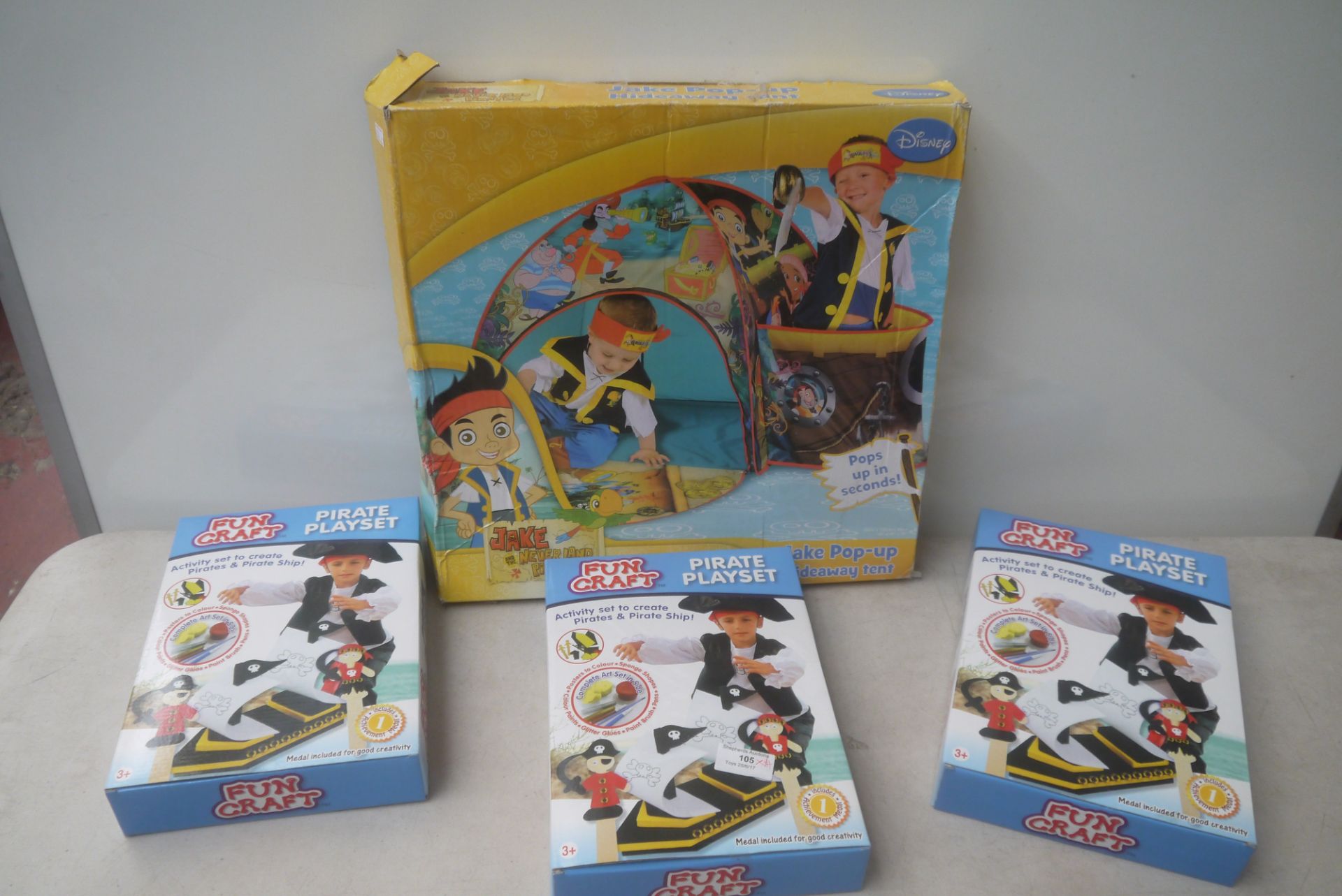 3x Fun Craft pirate playset, all unchecked and boxed. Jake Neverland Pirates pop up tent,