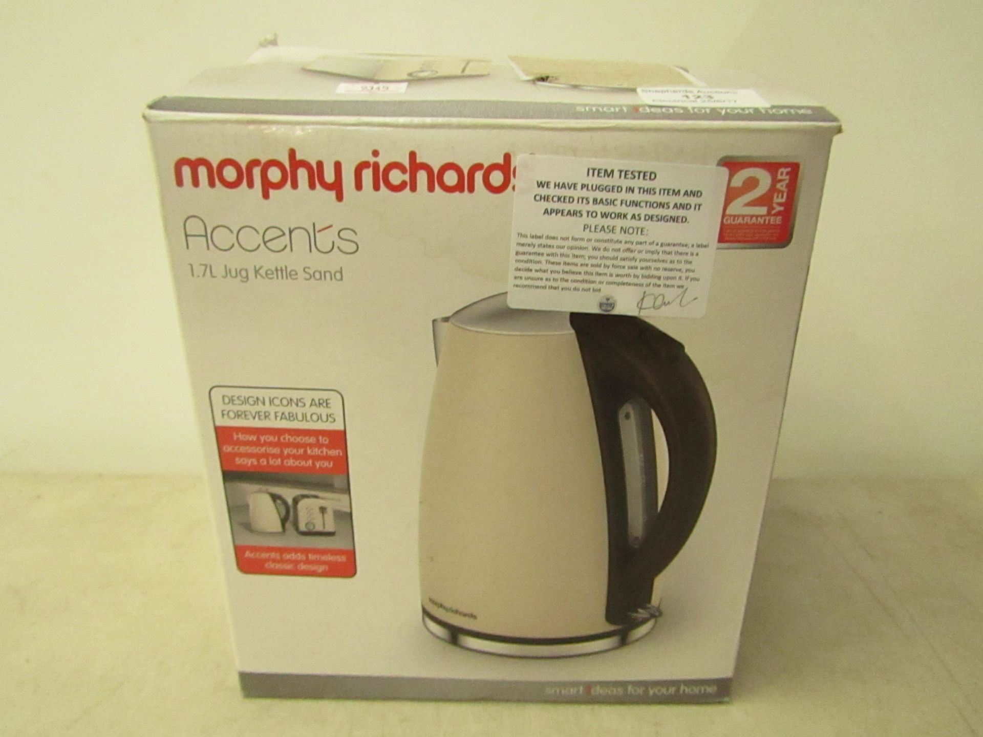 Morphy Richards Accents 1.7L jug kettle, sand, tested working and boxed.