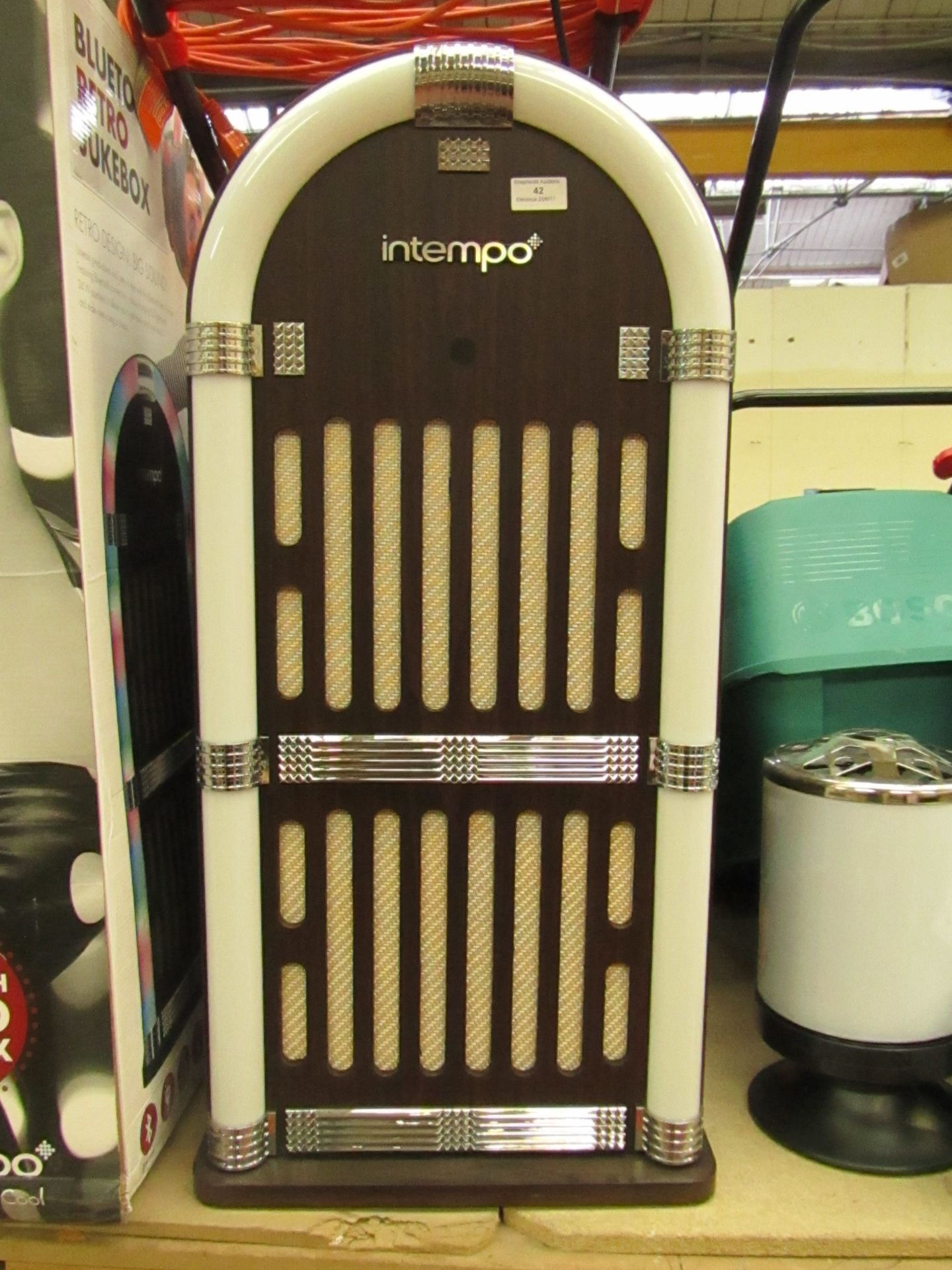 Intempo Bluetooth retro jukebox, tested working but missing charger, boxed.  RRP £99.99 at https://