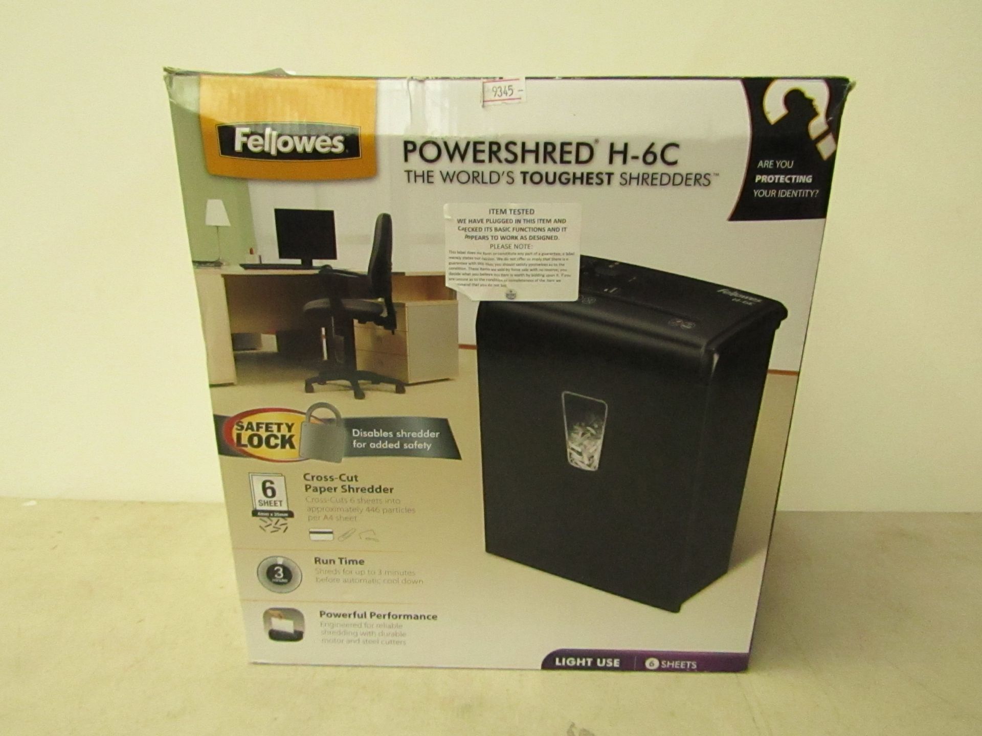 Fellowes power shredder H-6C, tested working and boxed.
