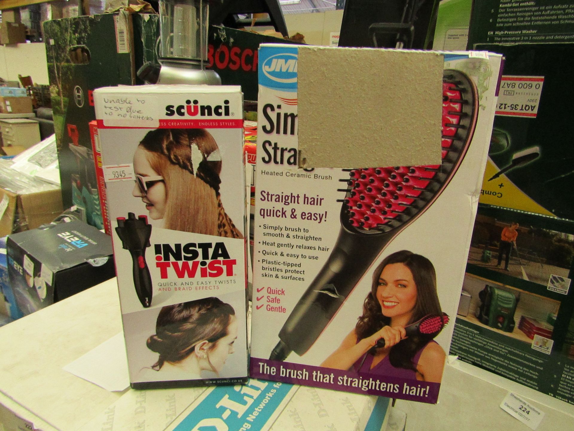 2x Items being; Simply Straight ceramic heated hair brush, tested working and boxed Scunci insta