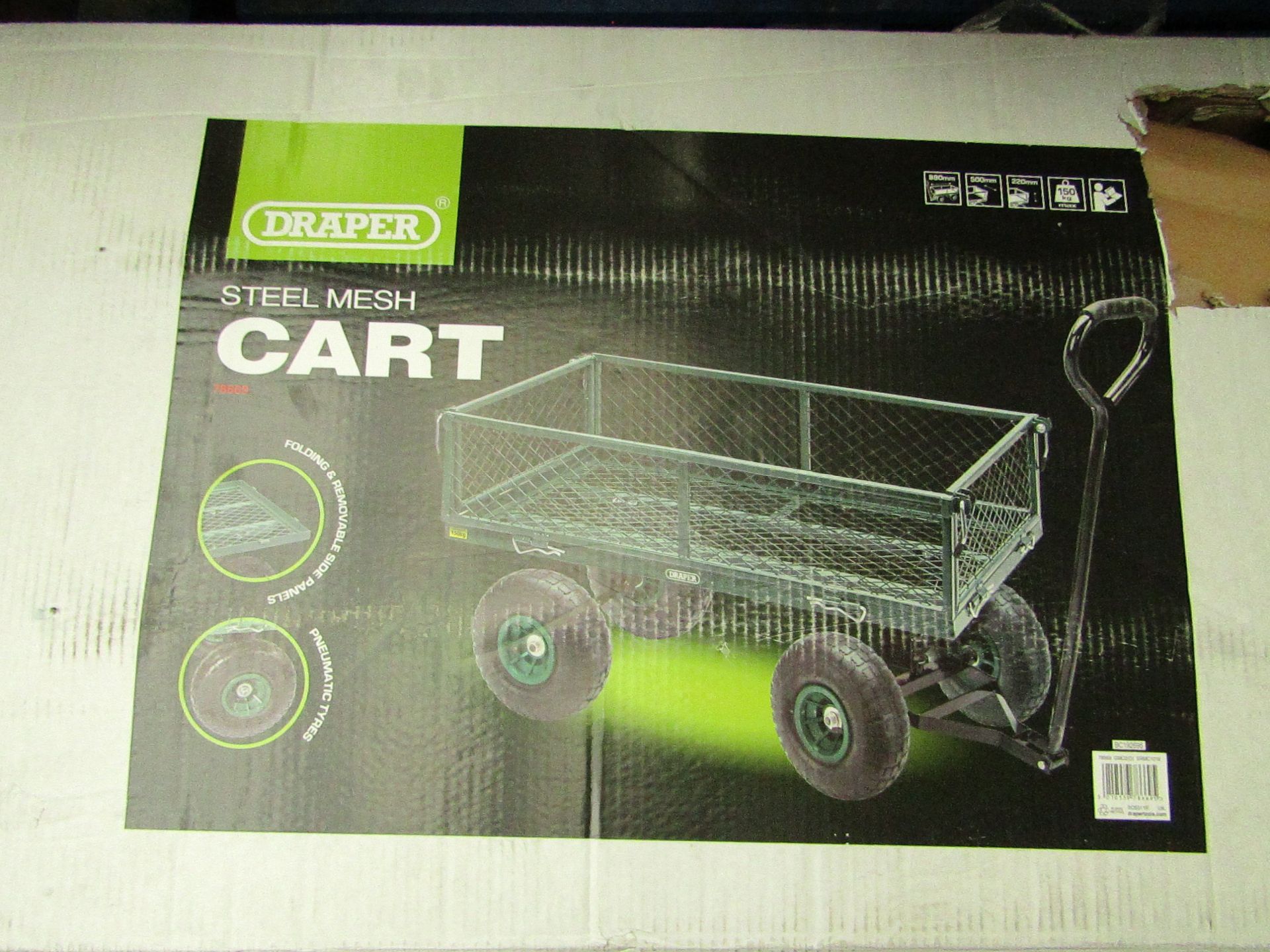 Draper steel mesh cart, size 890mm x 500mm x 220mm, unchecked and boxed.