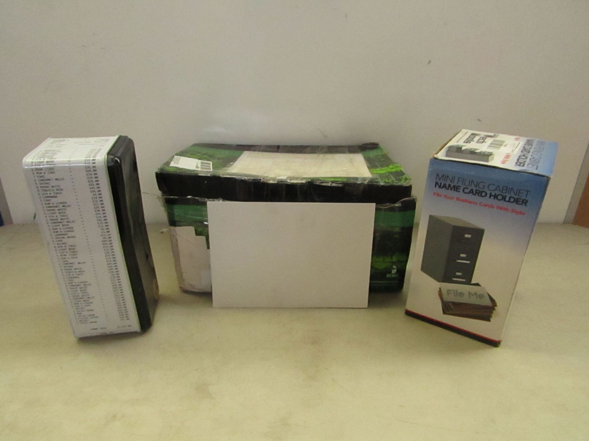 Lot contains 3 items being; Receipt tin, Mini filing cabinet name card holder and large box of - Image 2 of 2