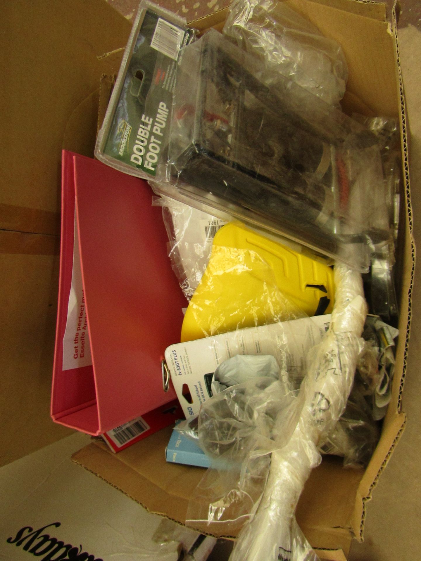 Box containing approx 12x various items from folders to double barrel foot pump, unchecked and