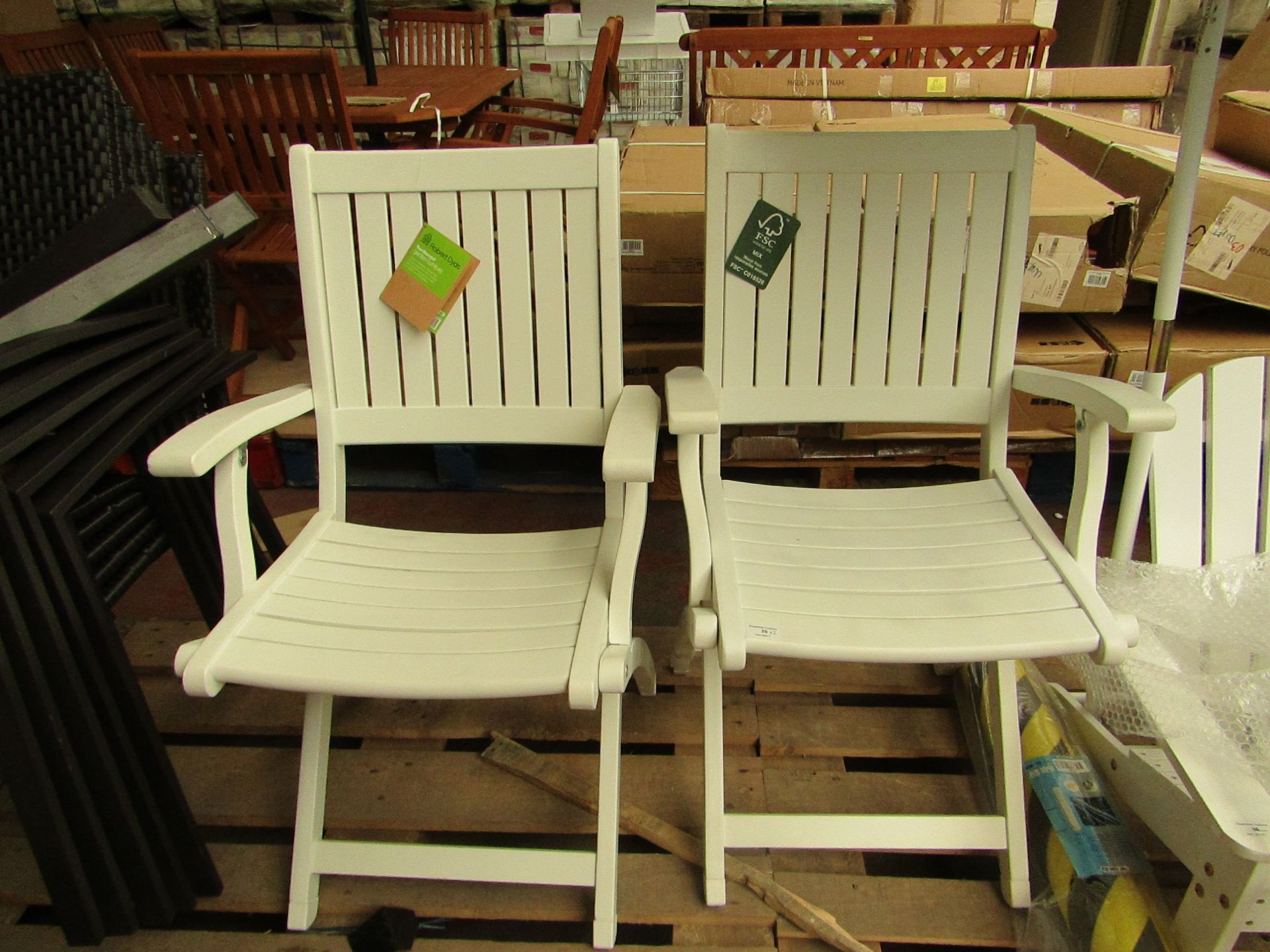 2x White wooden folding armchairs