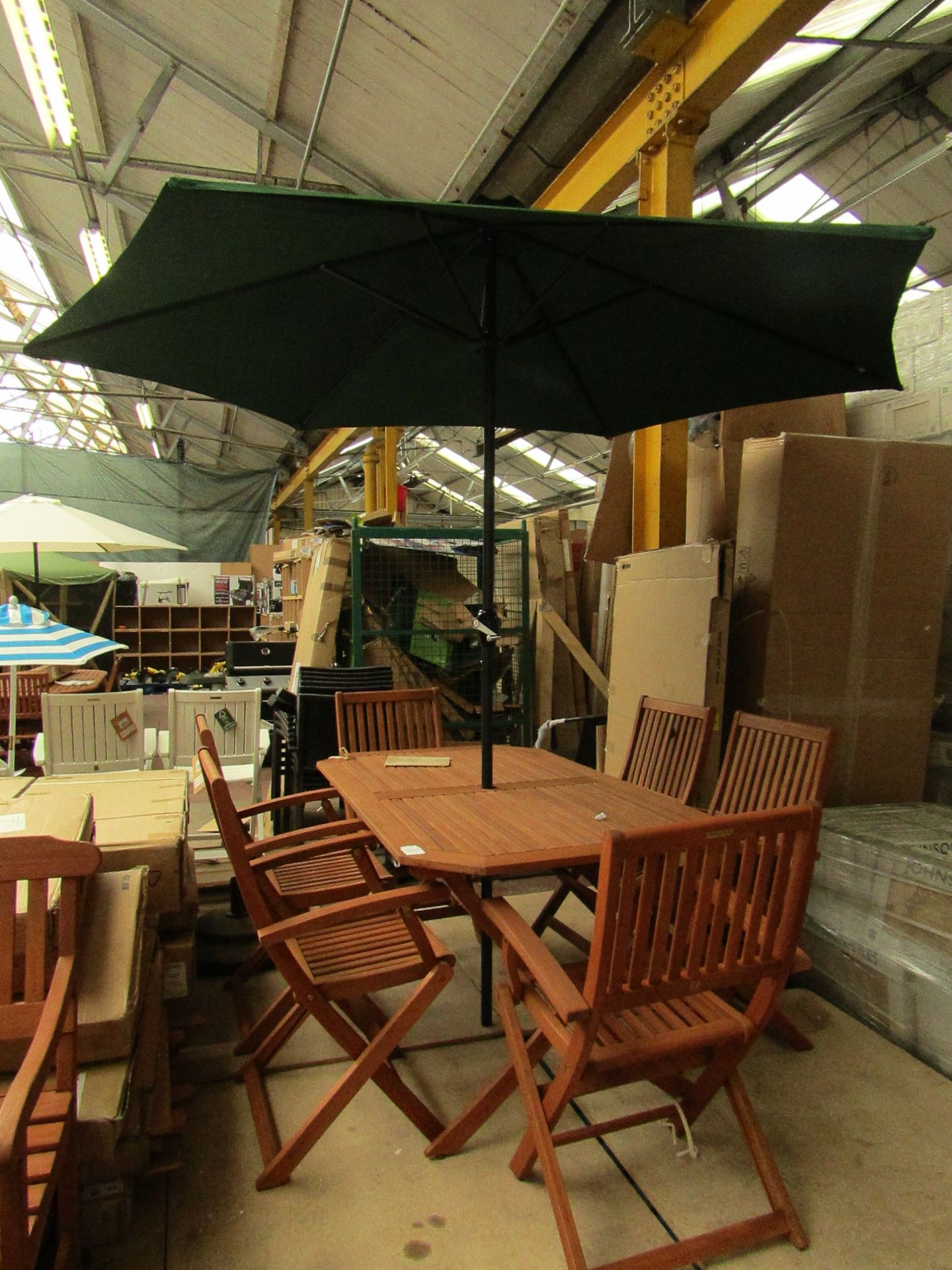 Country wooden 6 seater dining set with parasol, please note this photo is the display we built