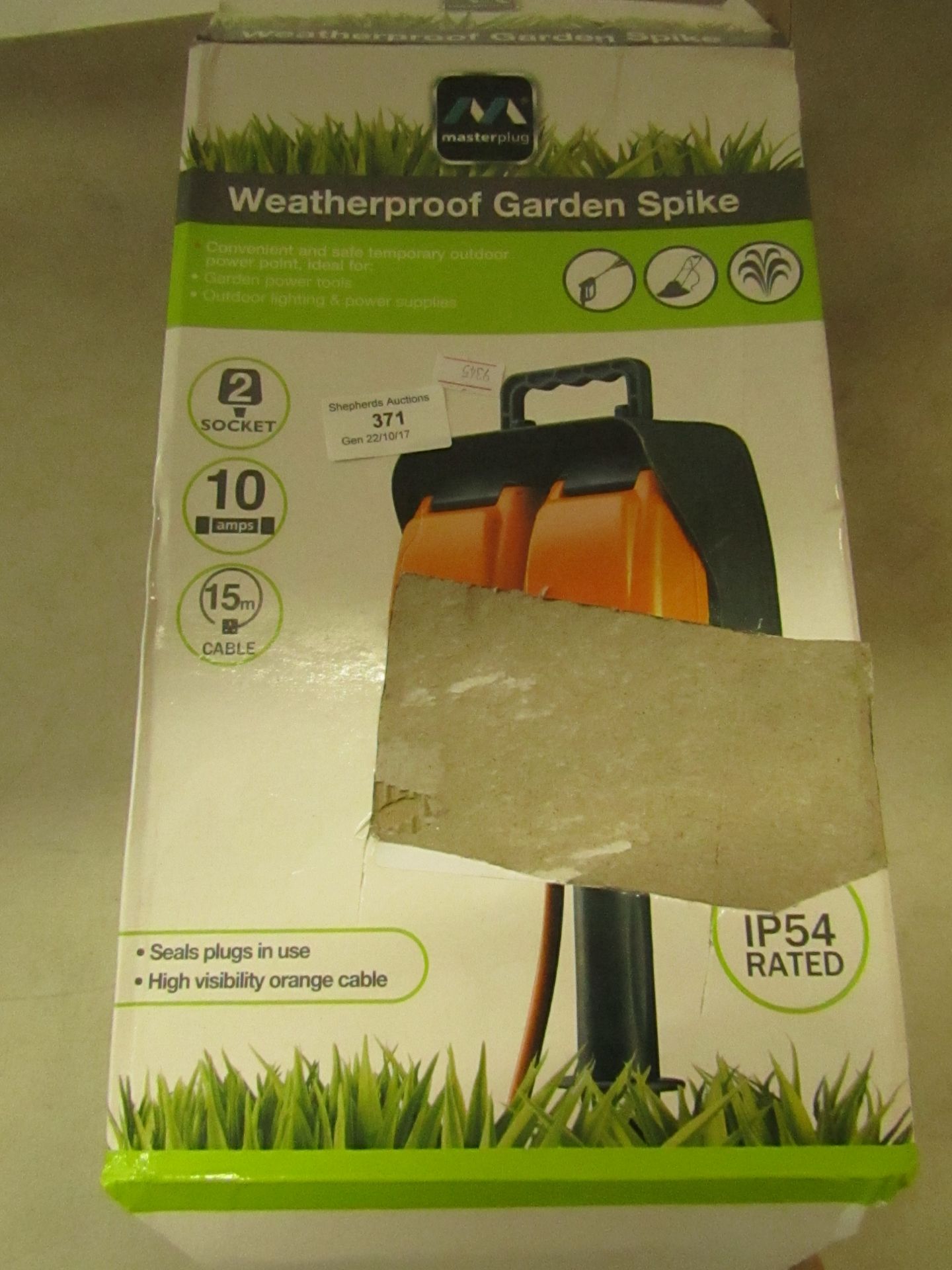 Weatherproof garden spike, boxed.