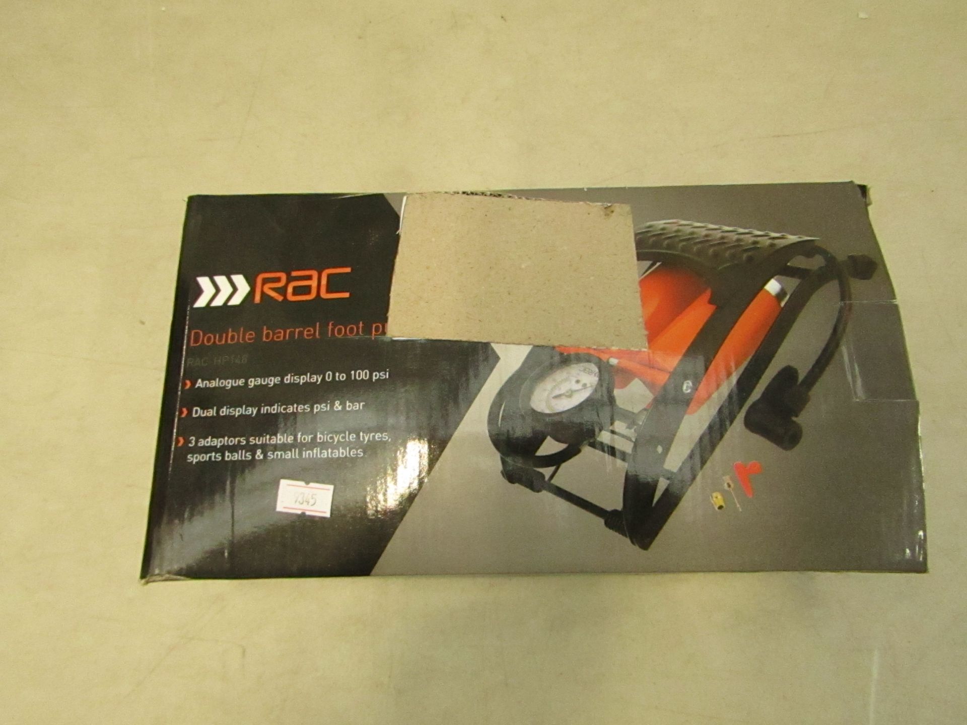 RAC double barrel foot pump with analogue gauge, boxed.