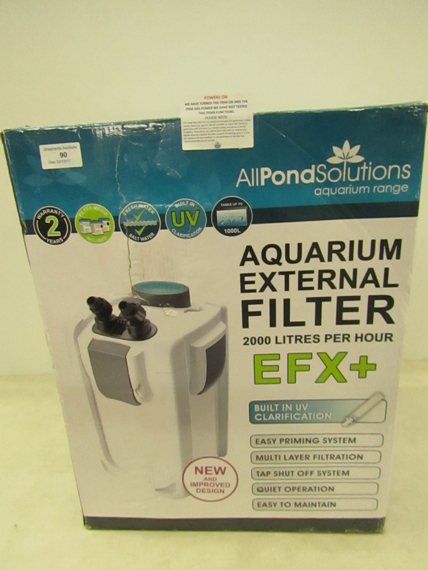 All pond solution aquarium external filter 2000l per hour, powers on and boxed