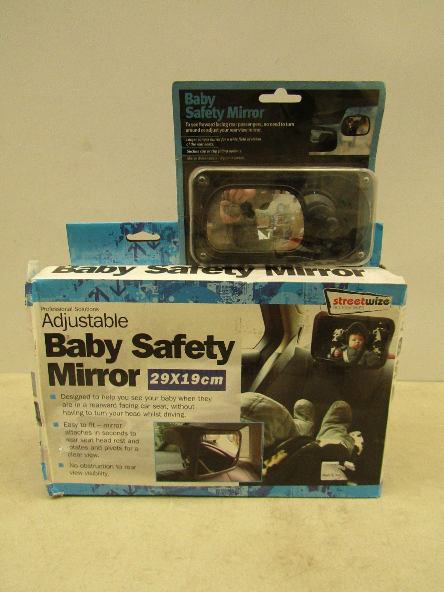 Adjustable baby mirror with additional safety mirror, both untested and boxed.