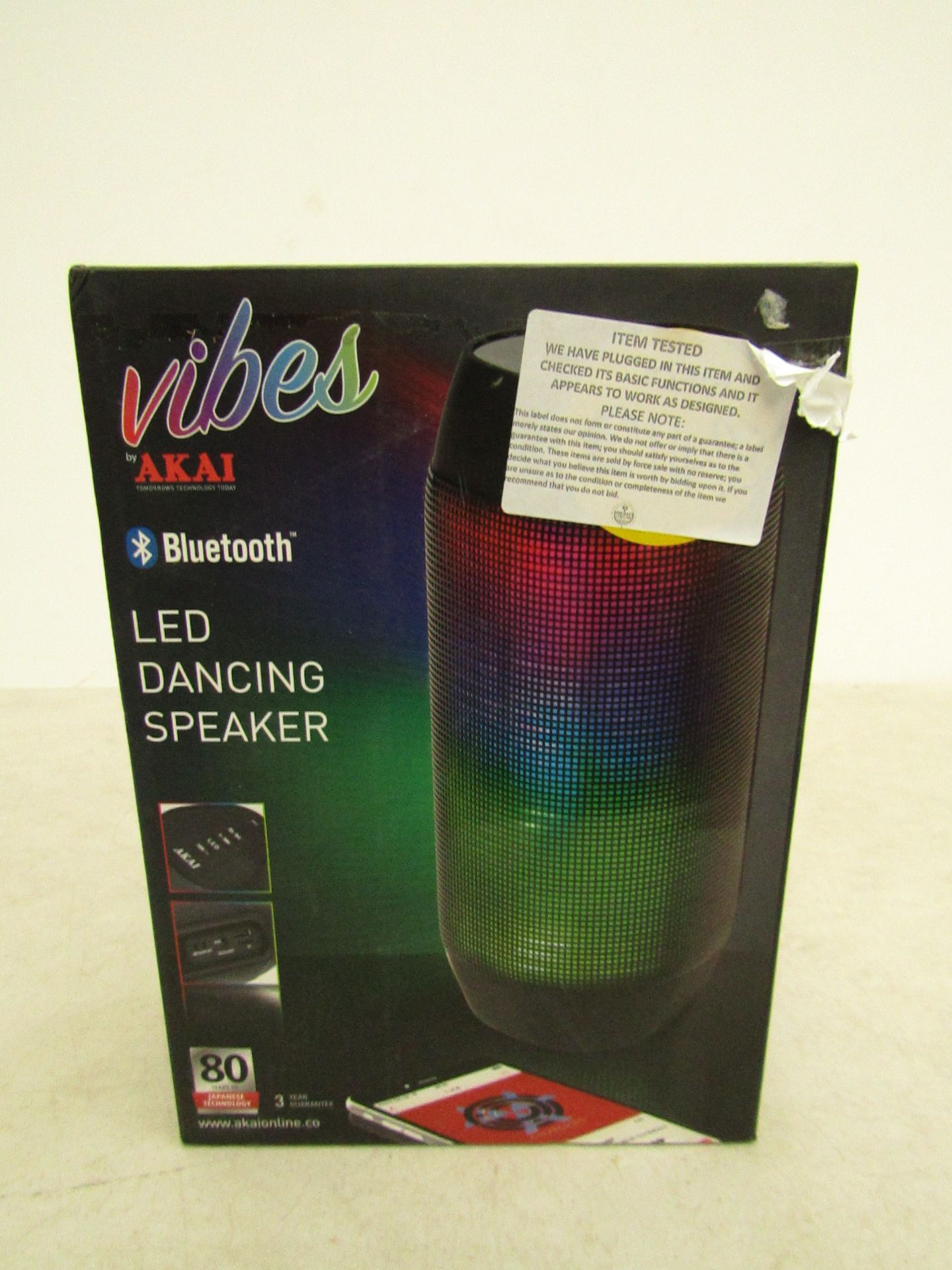 Vibes Akai Bluetooth LED dancing speaker, tested working and boxed.