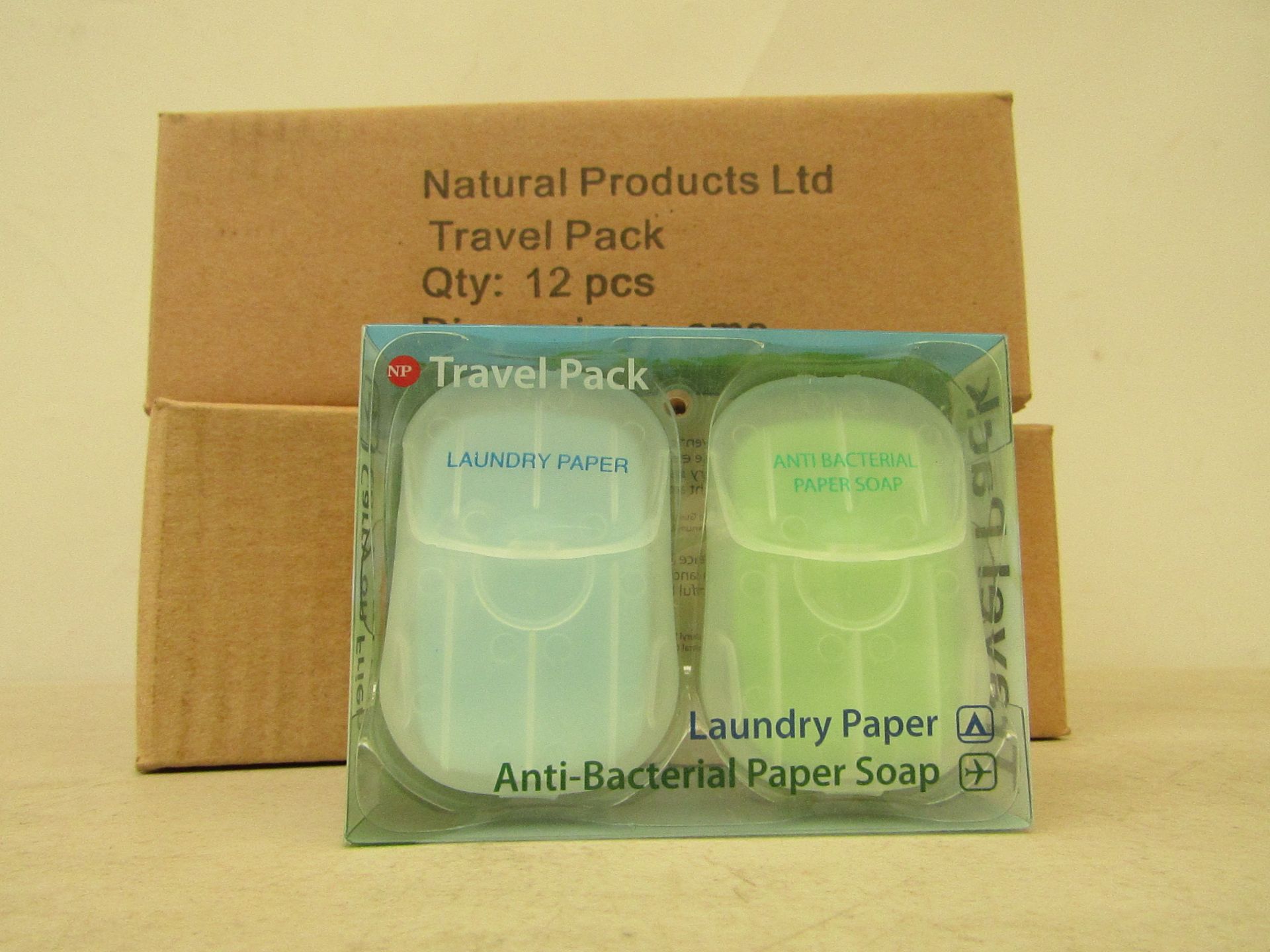 2x Boxes, each containing 12x travel pack laundry paper antibacterial paper soap, new and boxed.