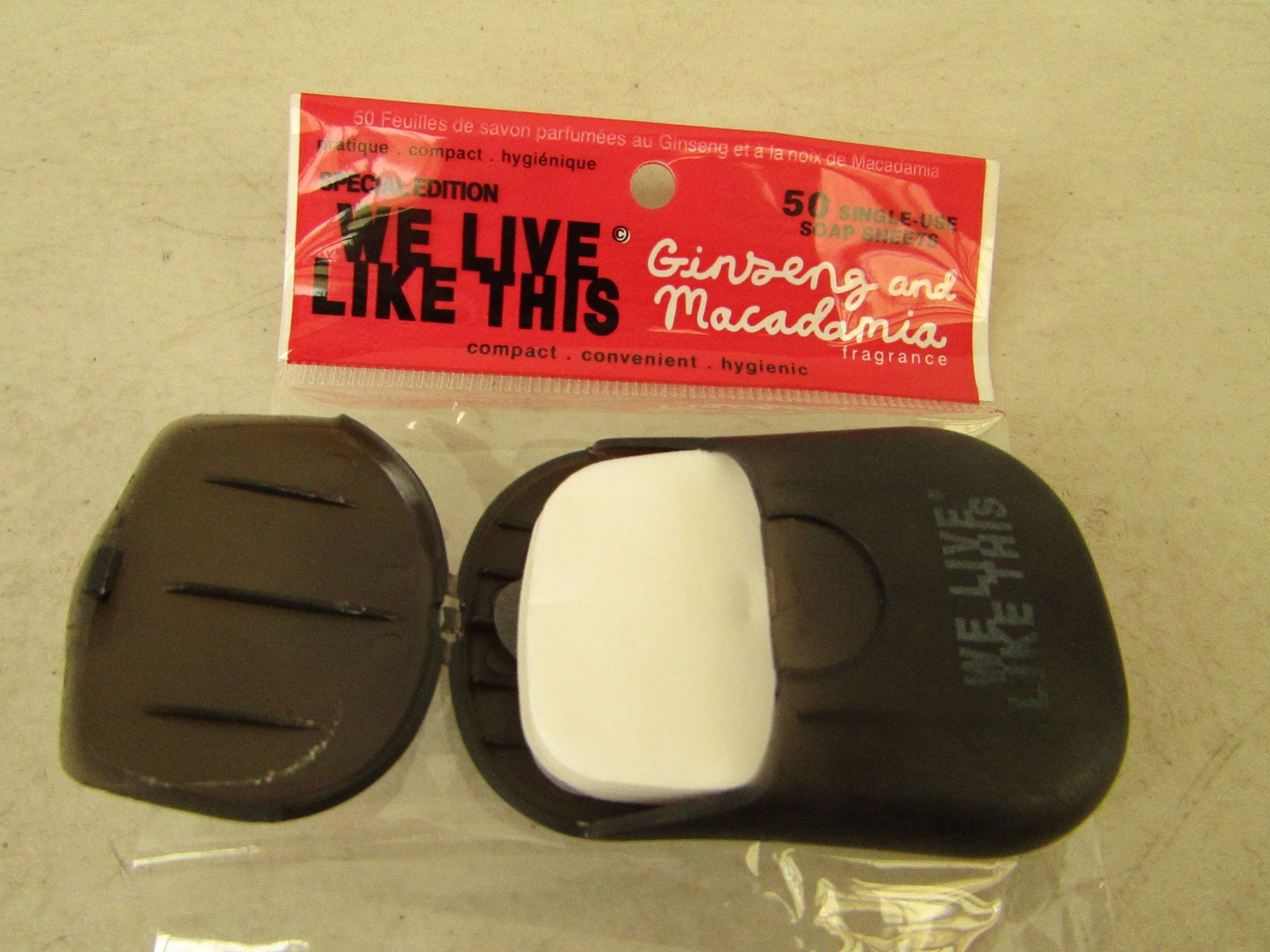 2x Boxes, each containing 20x 'We live like this' compact soap sheet packs. New in packaging.