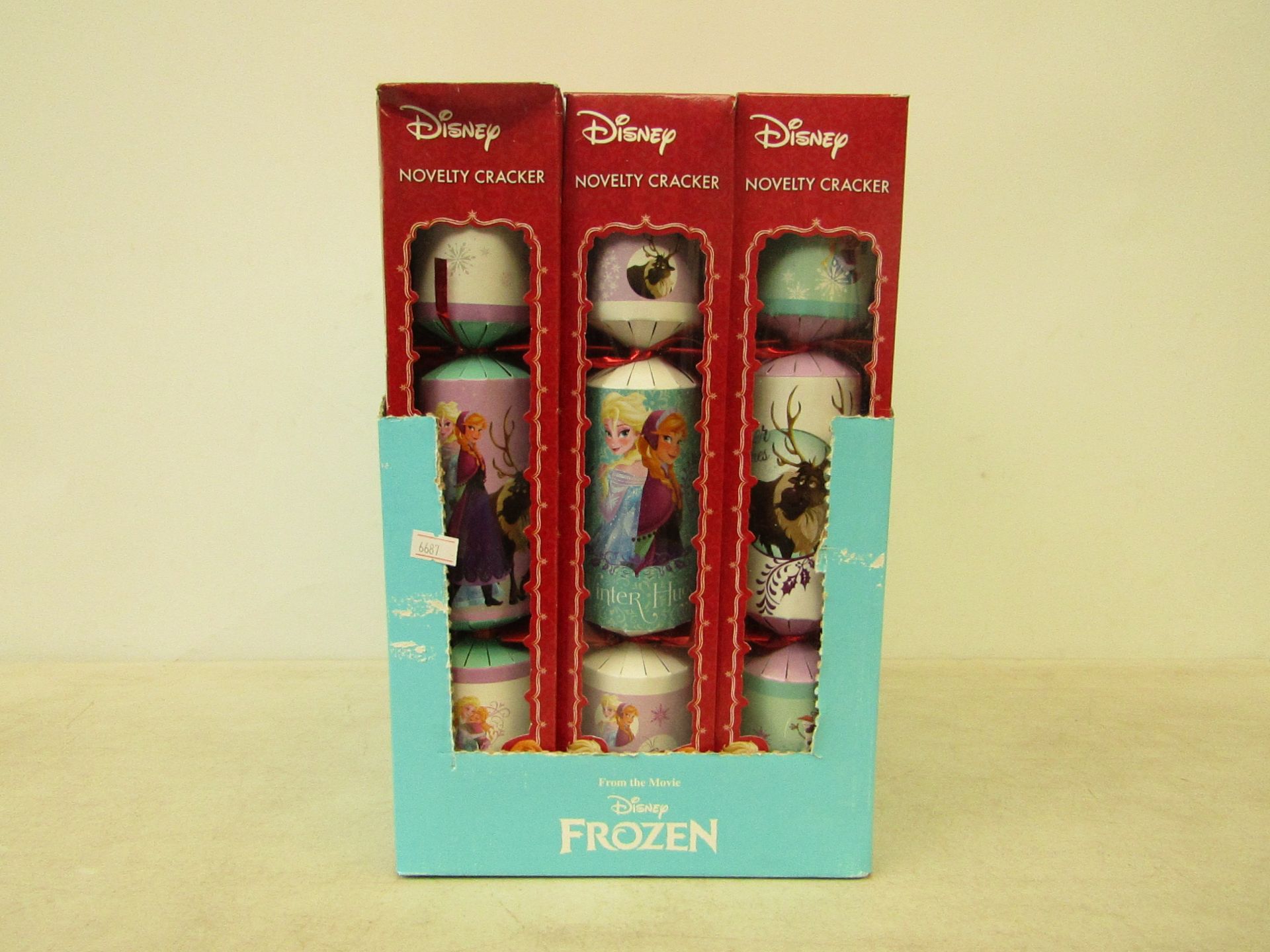 Box of 12x Disney frozen novelty Christmas crackers, each contains double sided character card,