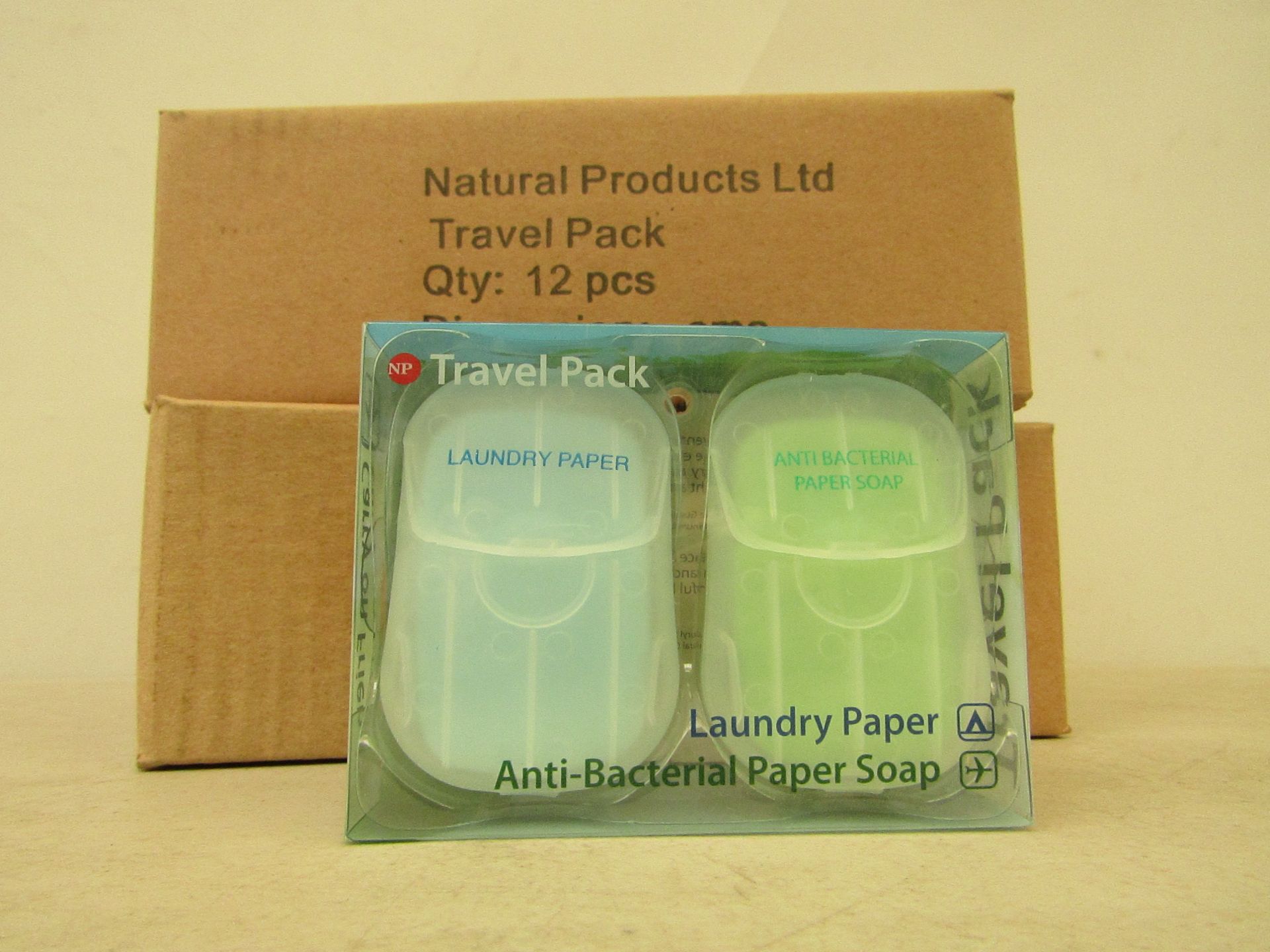 2x Boxes, each containing 12x travel pack laundry paper antibacterial paper soap, new and boxed.