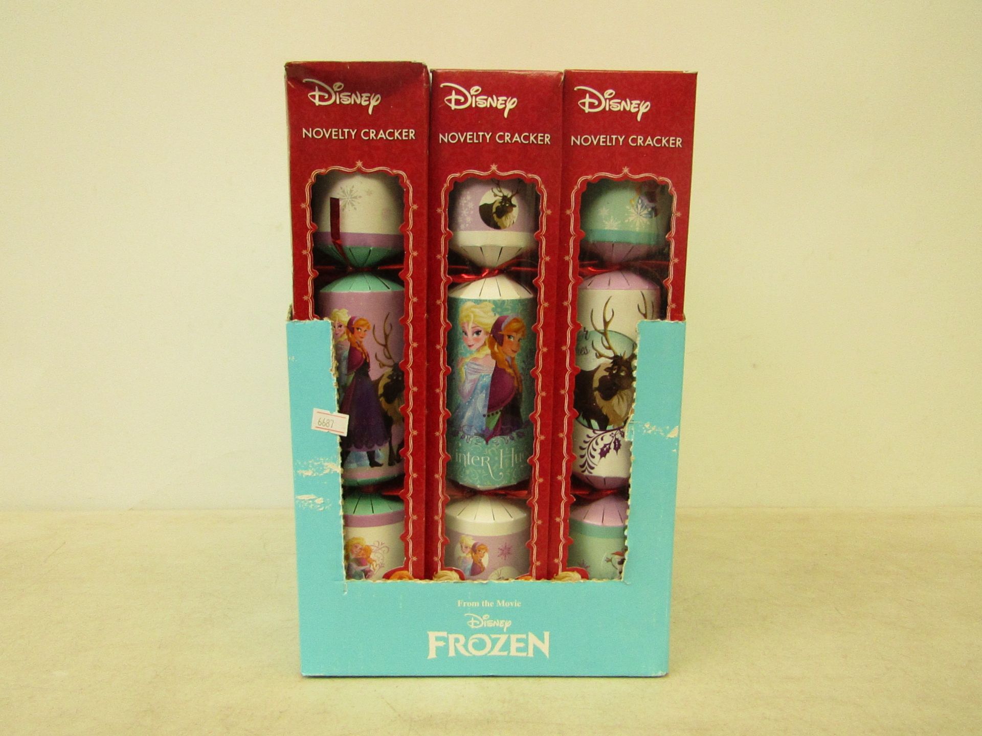 Box of 12x Disney frozen novelty Christmas crackers, each contains double sided character card,