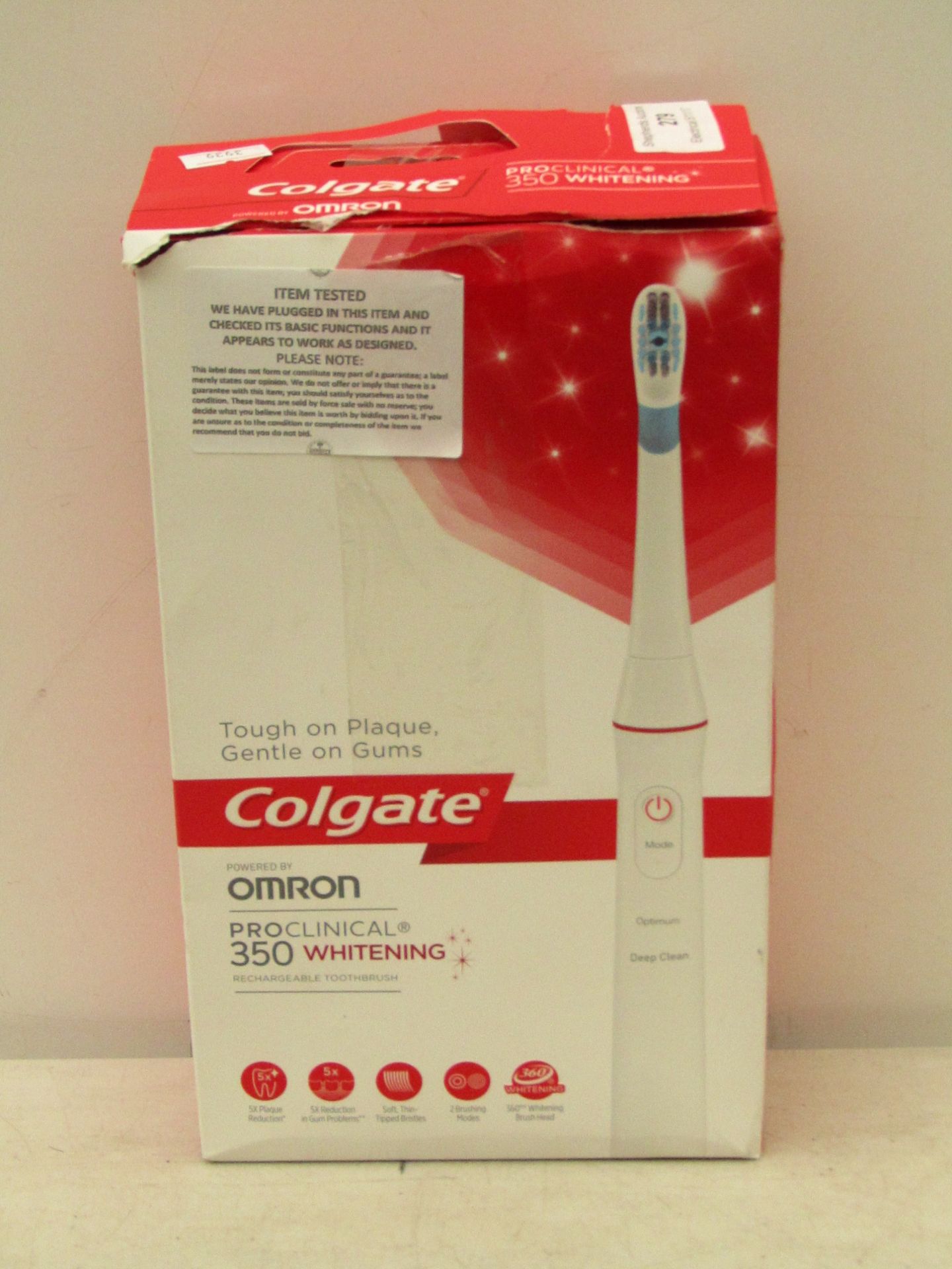 Colgate Omron Proclinical 350 Whitening rechargeable toothbrush, tested working and boxed.