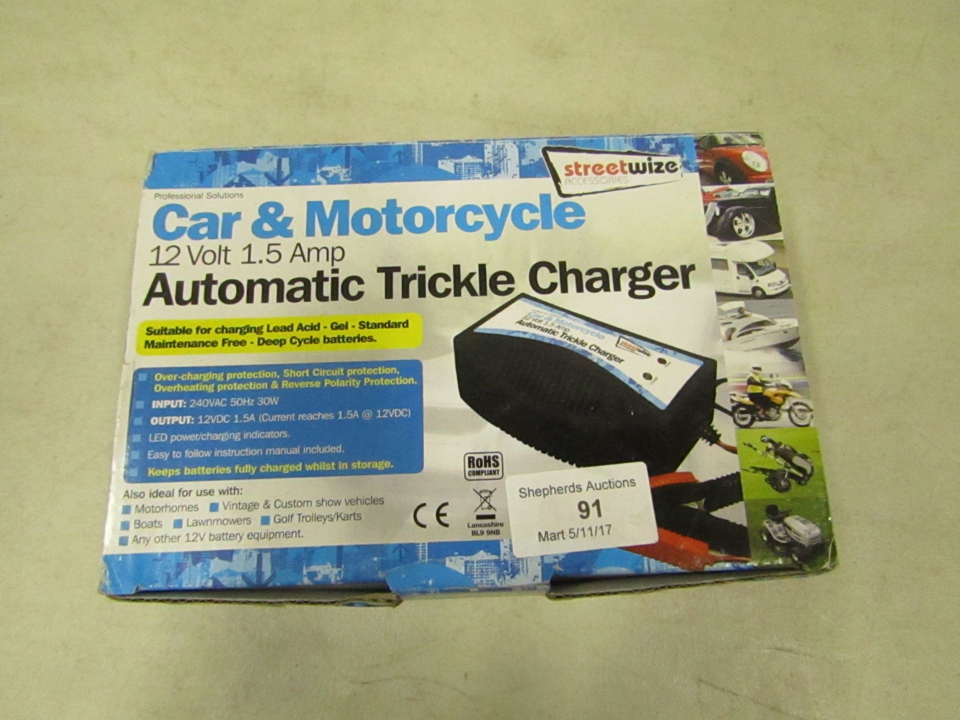 Streetwize Car and Motorcycle Automatic Trickle charger, boxed and unchecked