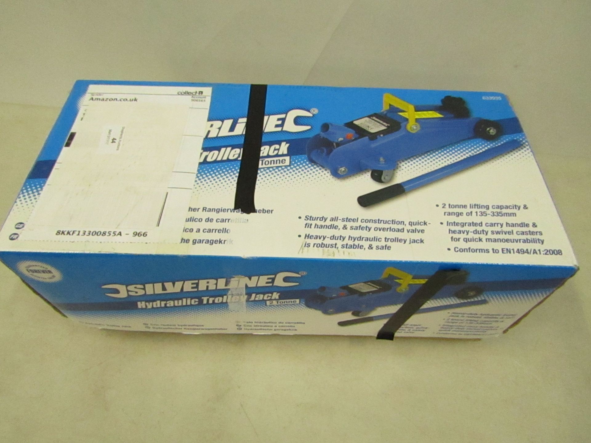 Silverline hydraulic trolley jack, unchecked and boxed.