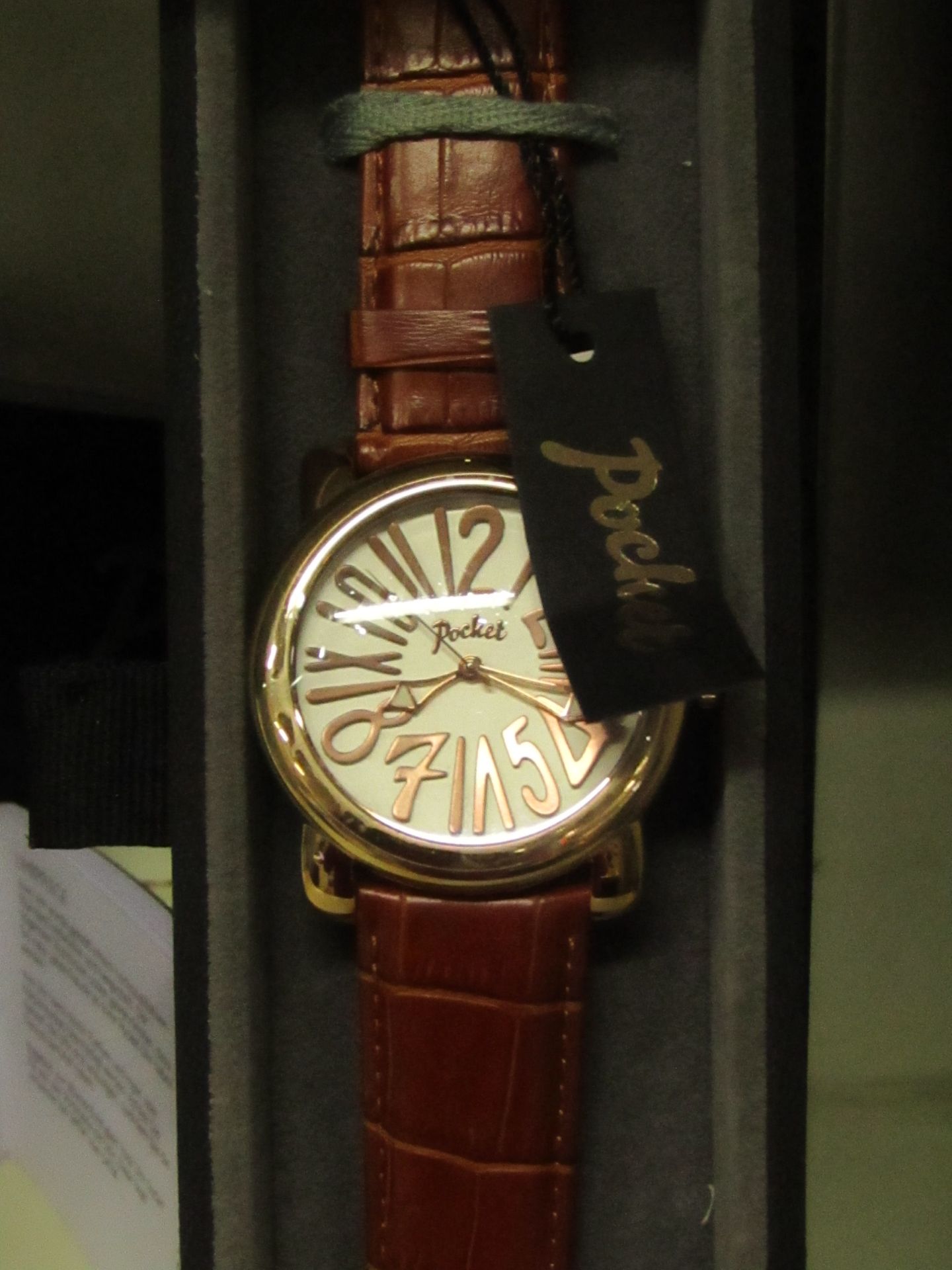 Pocket watch leather strapped watch, new & ticking in branded case and Box with papers (PK3000). See