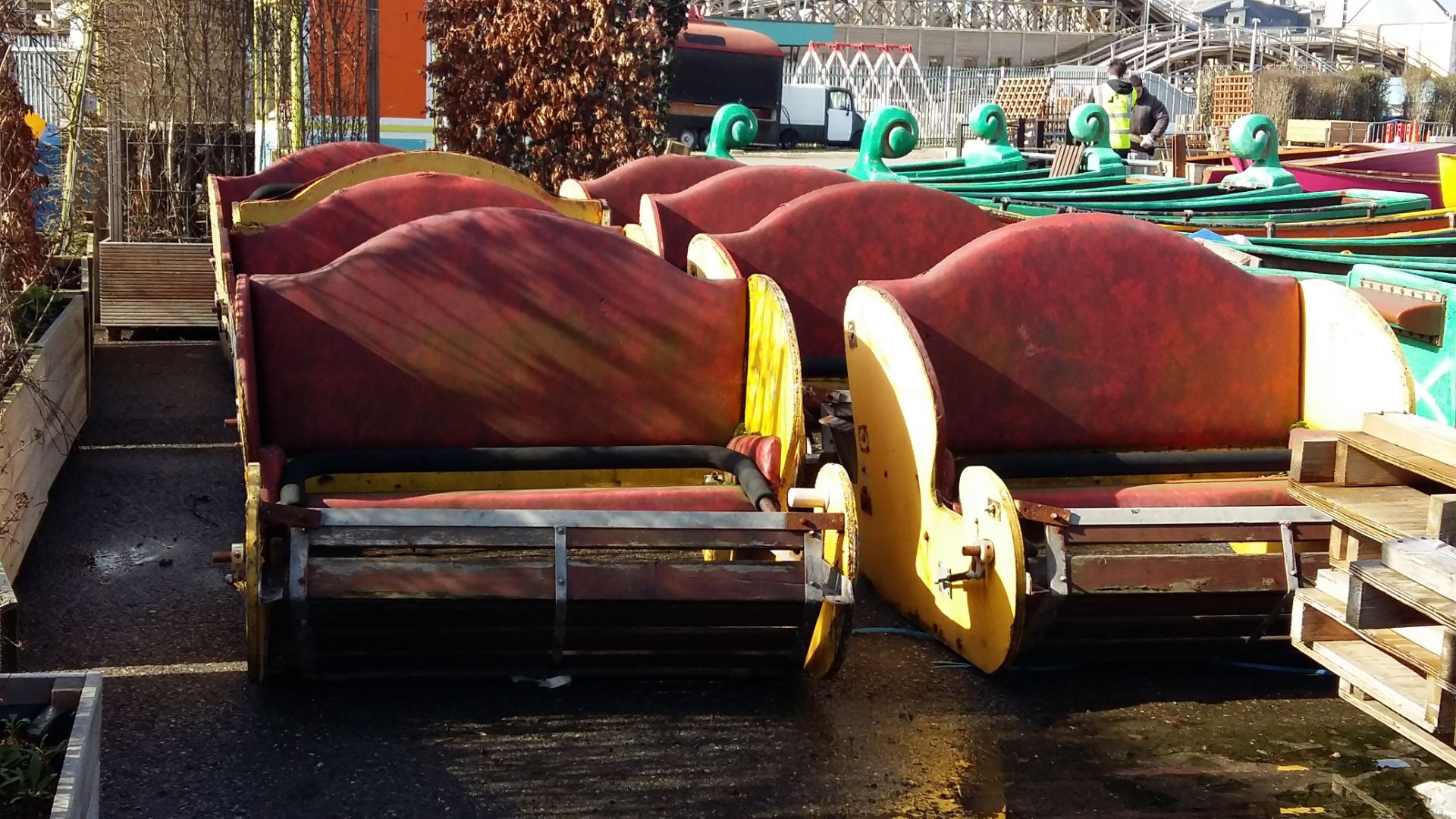 (8) Original 1920 wooden 'Caterpillar' car ride carts