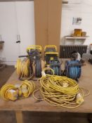 (4) Extension reels, (2) Two way splitter boxes, 110 volt electrical extension leads