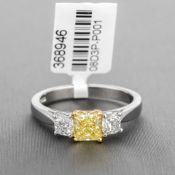 Fancy Yellow Raidant Cut Diamond Three Stone Platinum Ring RRP £14,988