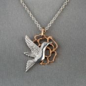 Humming bird and Flower Silver and 9ct Rose Gold Pendant RRP £399