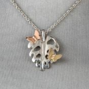 Dancing Butterflies on a Leaf Silver and 9ct Rose and Yellow Gold Pendant RRP £375