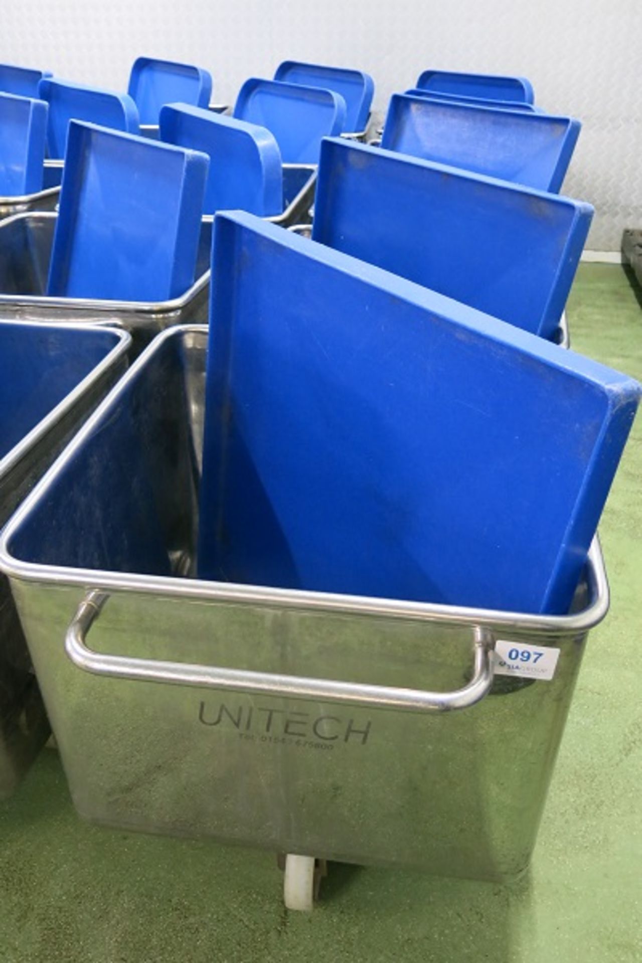 (5) Stainless steel Euro tote bins with blue plastic lids