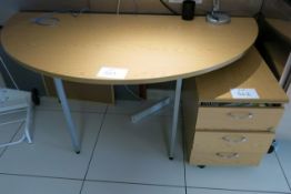 Single pedestal light wood desk, table & drawers