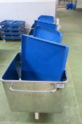 (5) Stainless steel Euro tote bins with blue plastic lids