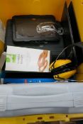 (2) Crates containing small office equipment including a Brother P-Touch 1800 label maker