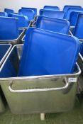 (5) Stainless steel Euro tote bins with blue plastic lids