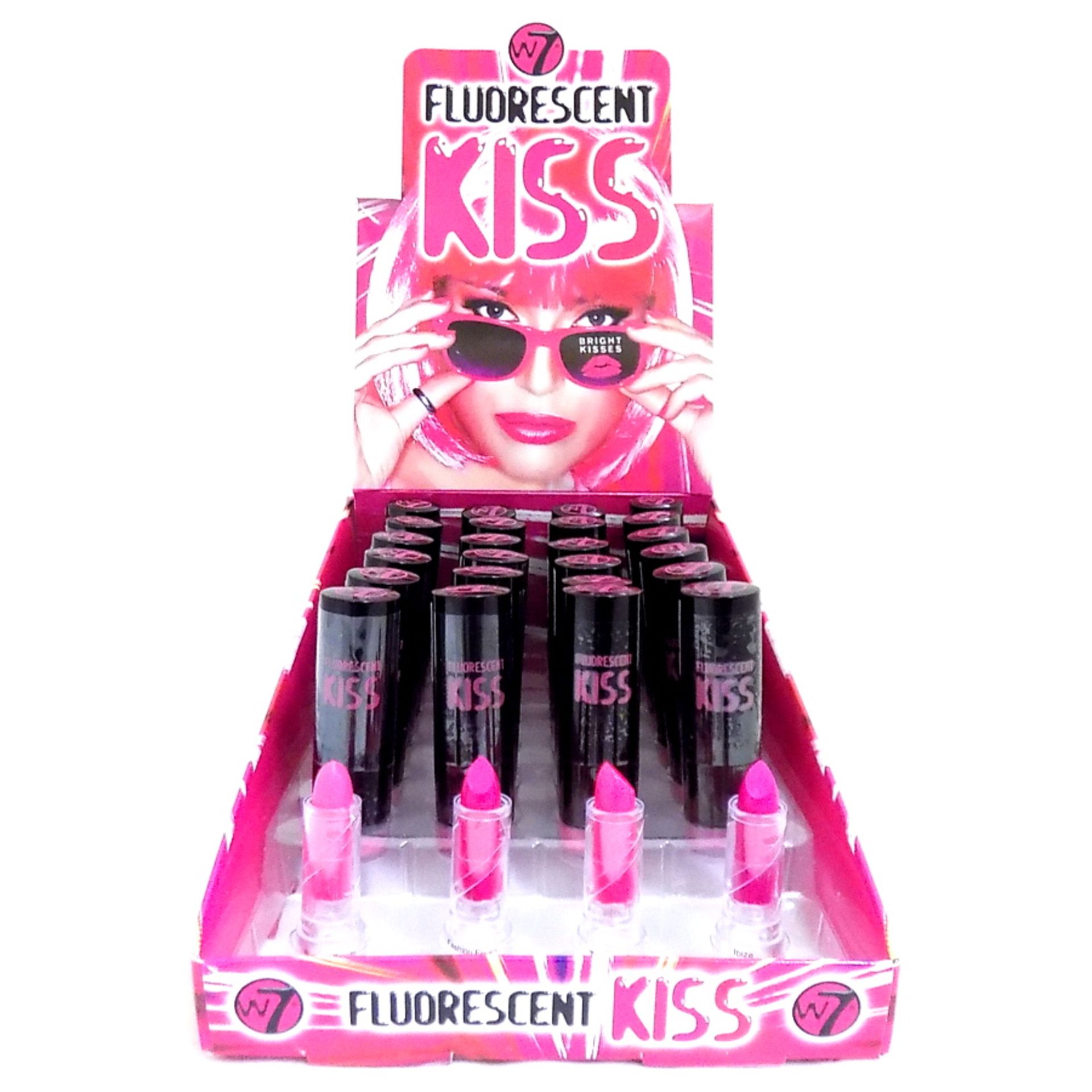192 W7 Fluorescent Kiss Lipstick – in Retail Displays – 4 Shades   NO VAT – UK Delivery £15