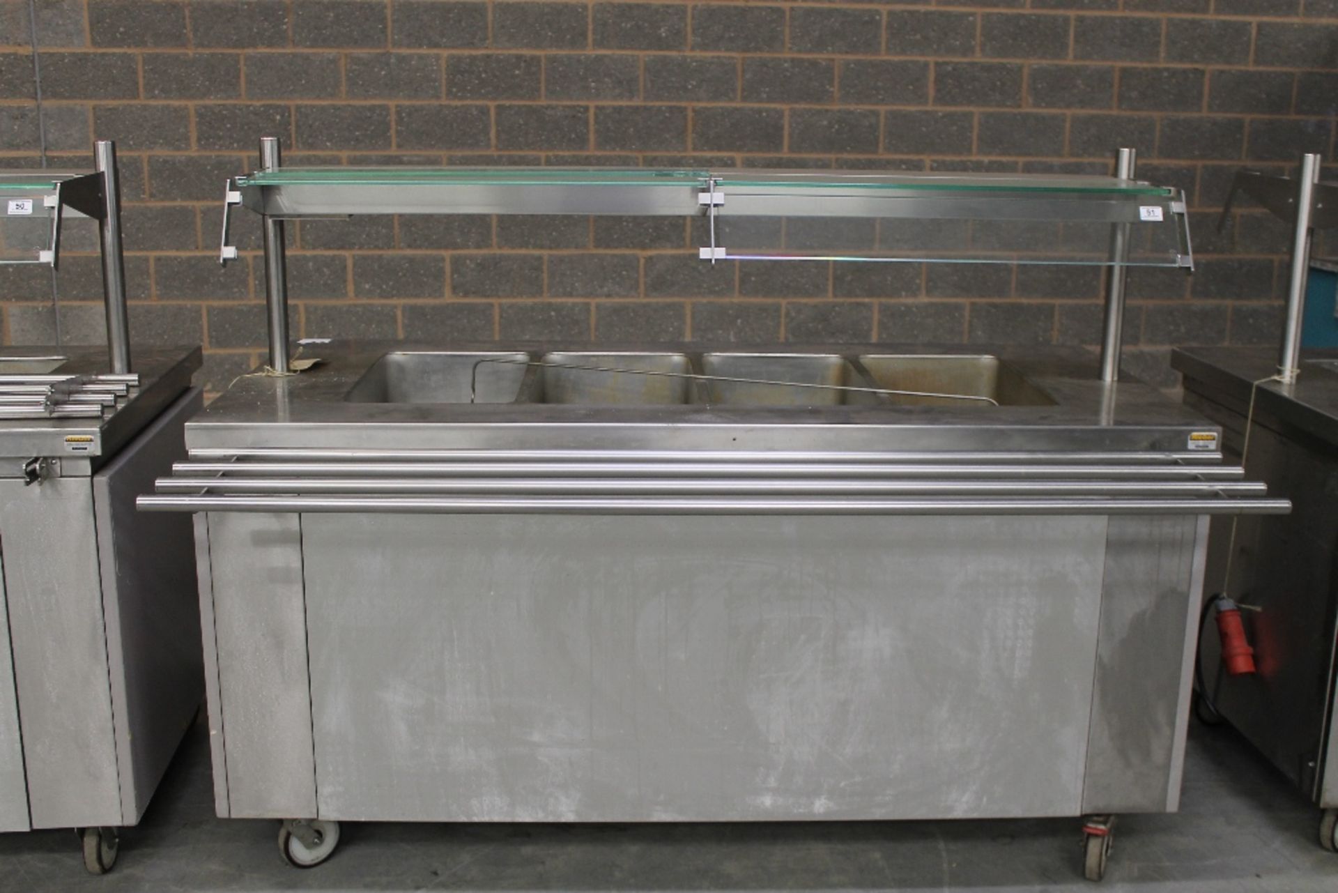 Rieber Rolling Hot Buffet Unit – 4 Well Bain Marie -under storage + Tray Rail – 3-ph W177cm x H136cm