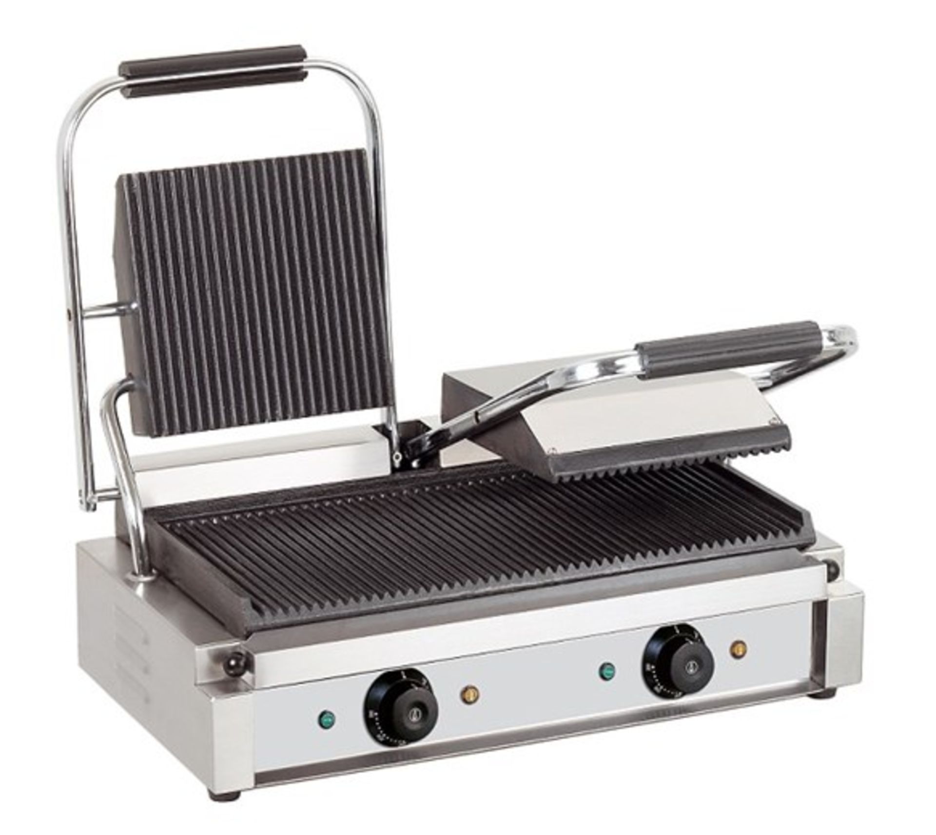 New Heavy-Duty Contact Grill, comes with ribbed top and bottom plates. on/ off button-integral