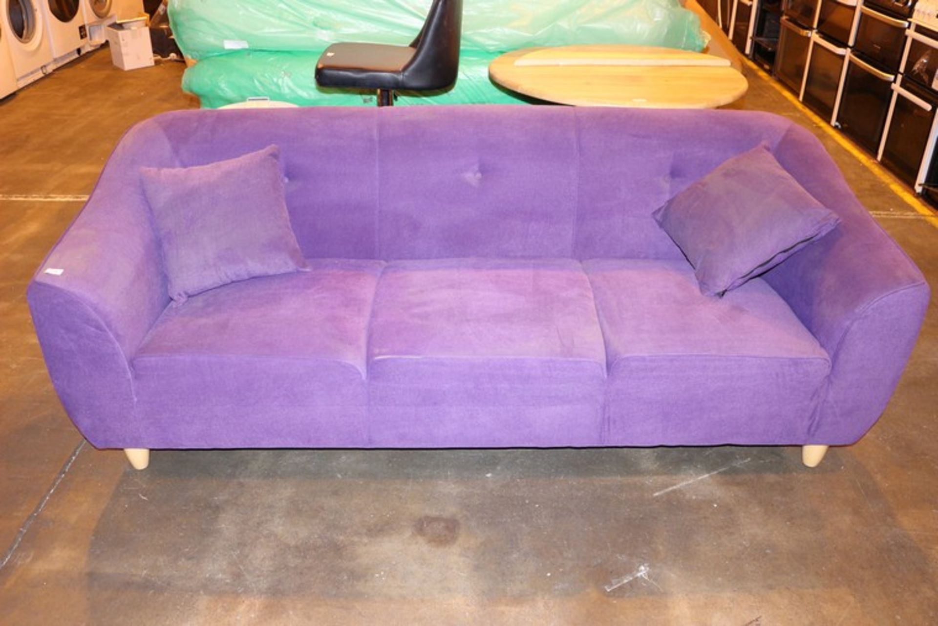 1 x PURPLE FABRIC UPHOLSTERED 3 SEATER SOFA *PLEASE NOTE THAT THE BID PRICE IS MULTIPLIED BY THE