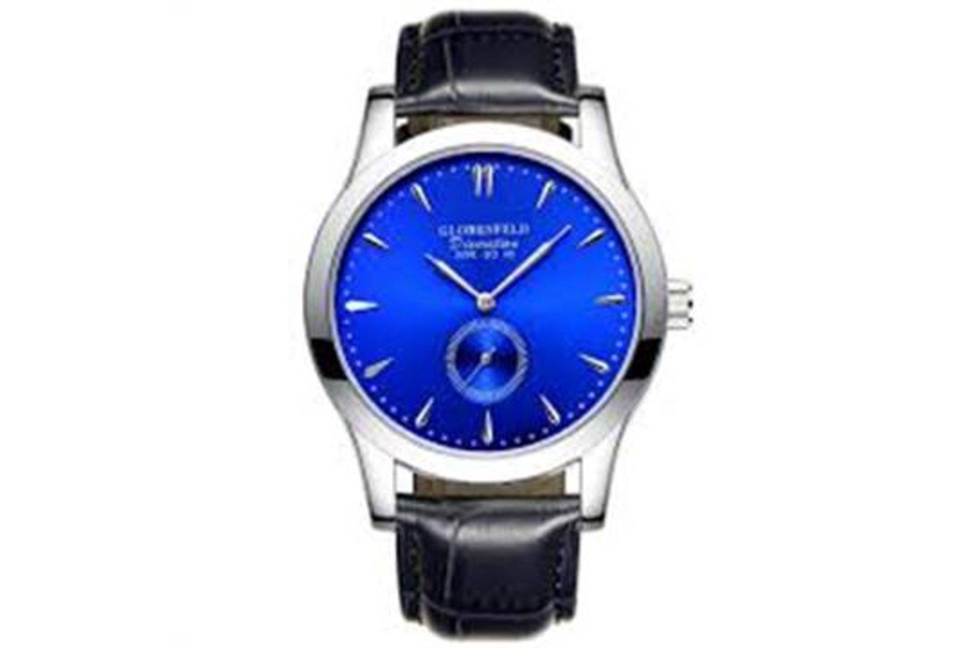 BOXED BRAND NEW GLOBENFELD DISCRETION BLACK LEATHER STRAPSMOKEY BLUE DIAL WRIST WATCH RRP £475 (