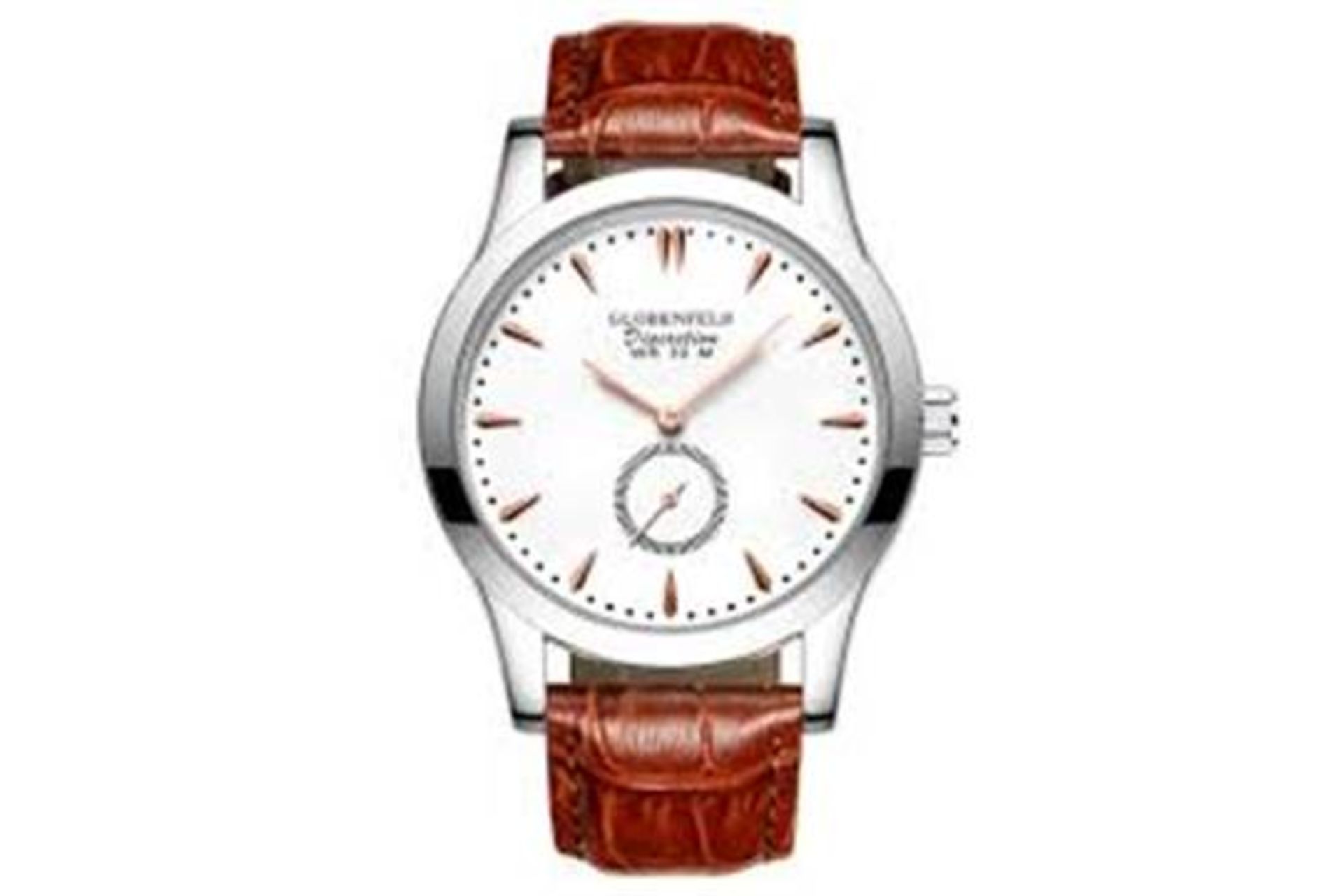 BOXED BRAND NEW GLOBENFELD DISCRETION TAN LEATHER WHITE DIAL WRIST WATCH RRP £450 (SBW-WWW)