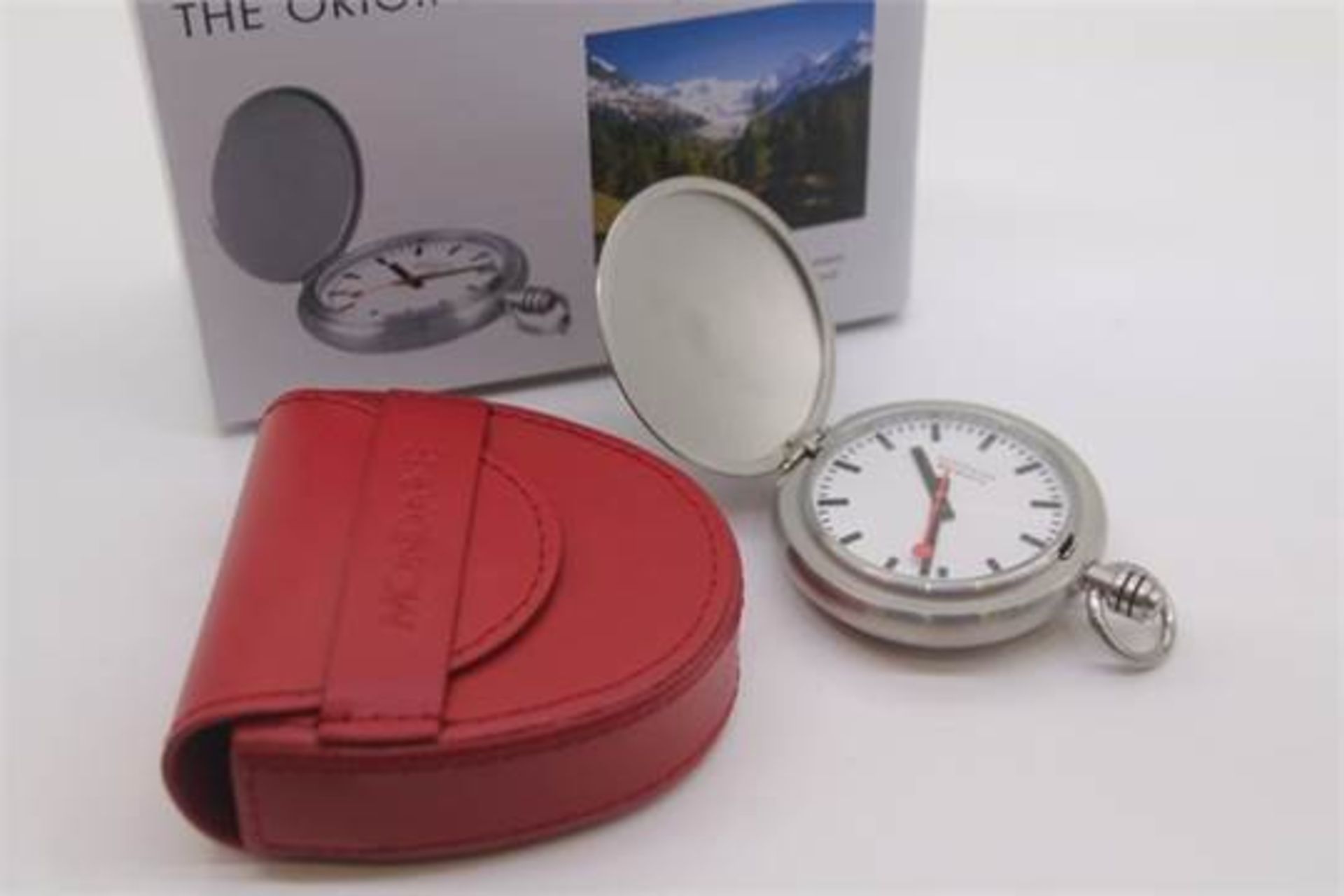 BOXED MONDAINE SWISS MADE STAINLESS STEEL POCKET WATCH, WITH RED GENUINE LEATEHR CASE RRP £225 (