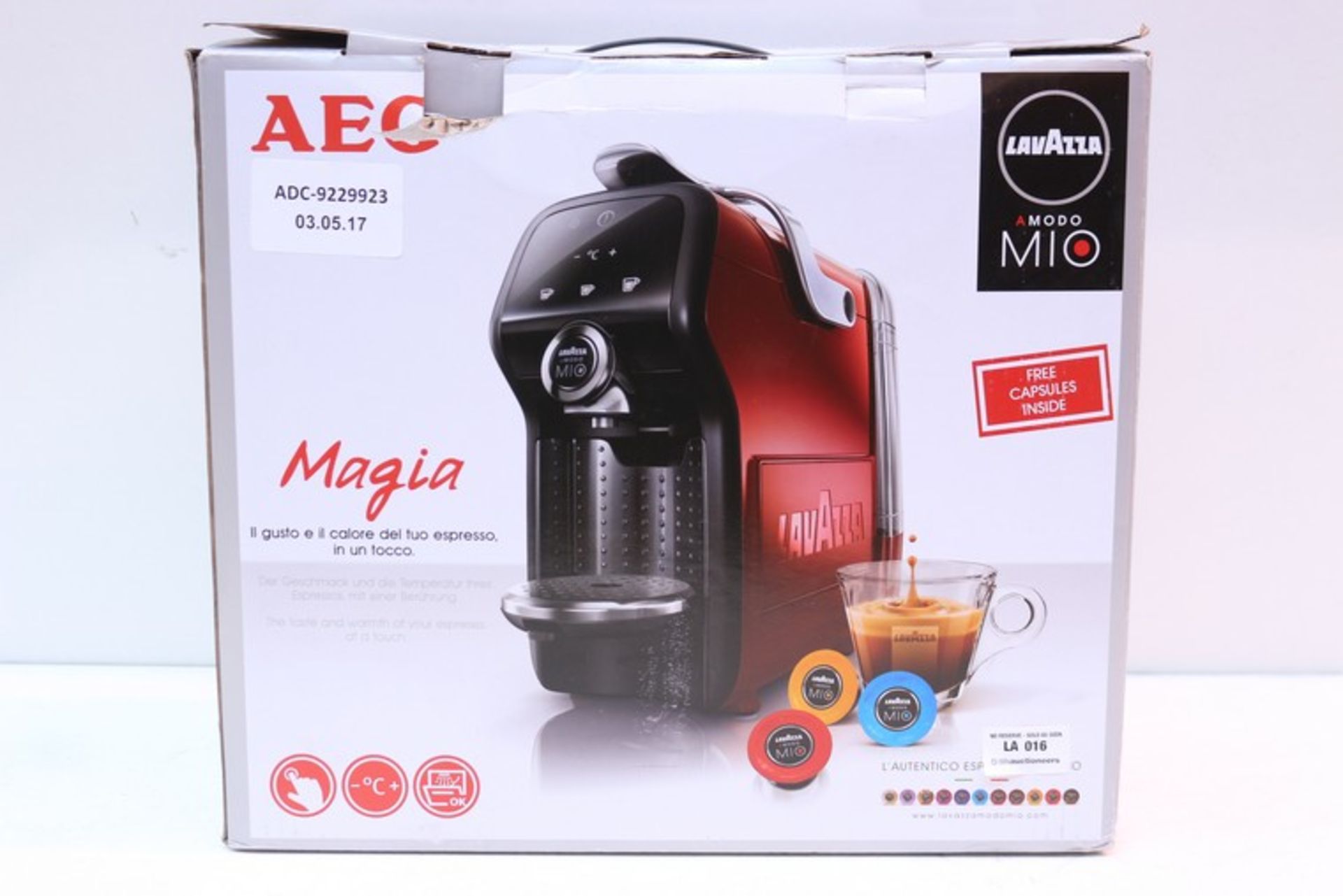 2 x BOXED AEG AMODO MIO LAVAZZA COFFEE MACHINES RRP £25 EACH (3.5.17) *PLEASE NOTE THAT THE BID