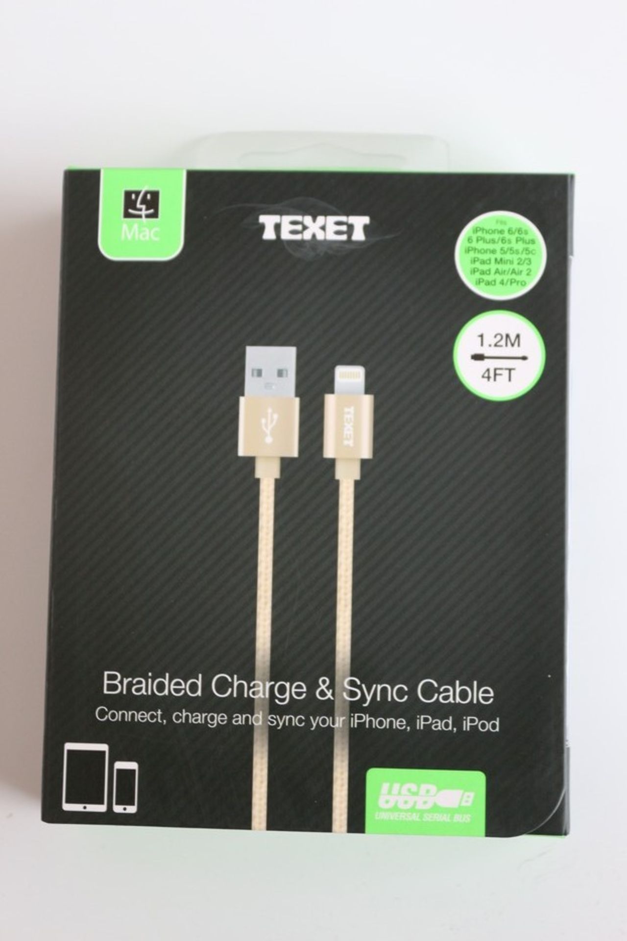 10X BOXED UNUSED FACTORY SEALED TEXET 1.2M/4FT BRAIDED CHARGE & SYNC CABLES USB- IPHONE/IPAD/IPOD