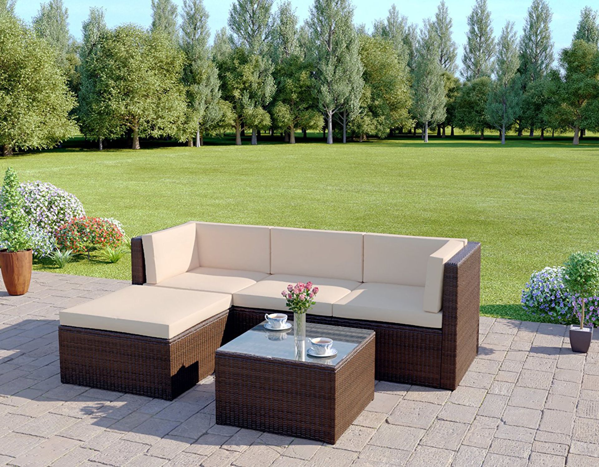 1X BOXED HIGH END DESIGNER LOUNGER RATTAN GARDEN FURNITURE SET TO INCLUDE 1X DOUBLE SOFA, 1X