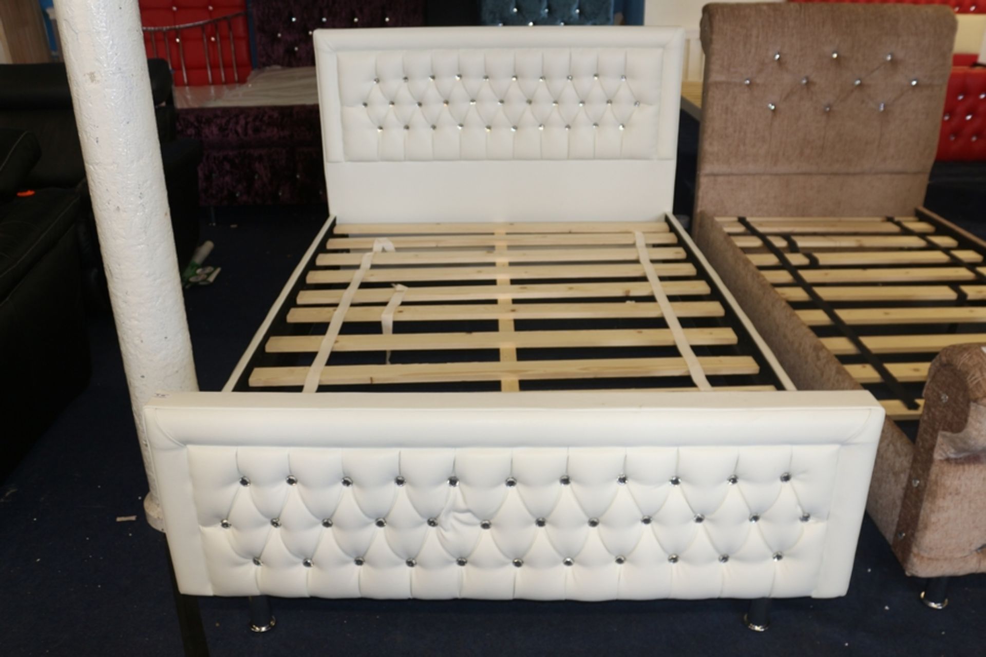 1X WHITE WITH DIAMANTE STUD DOUBLE BED