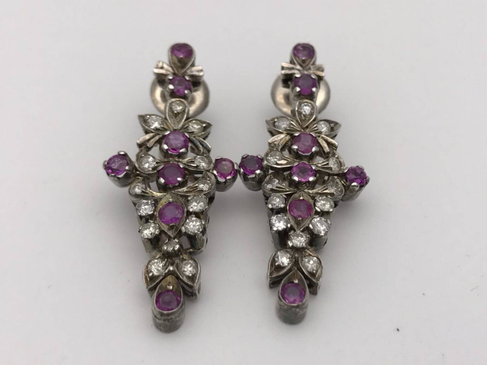 2.08CT DIAMOND AND RUBY ANTIQUE VICTORIAN G/H-SI EARRINGS SET IN 18K WHITE GOLD