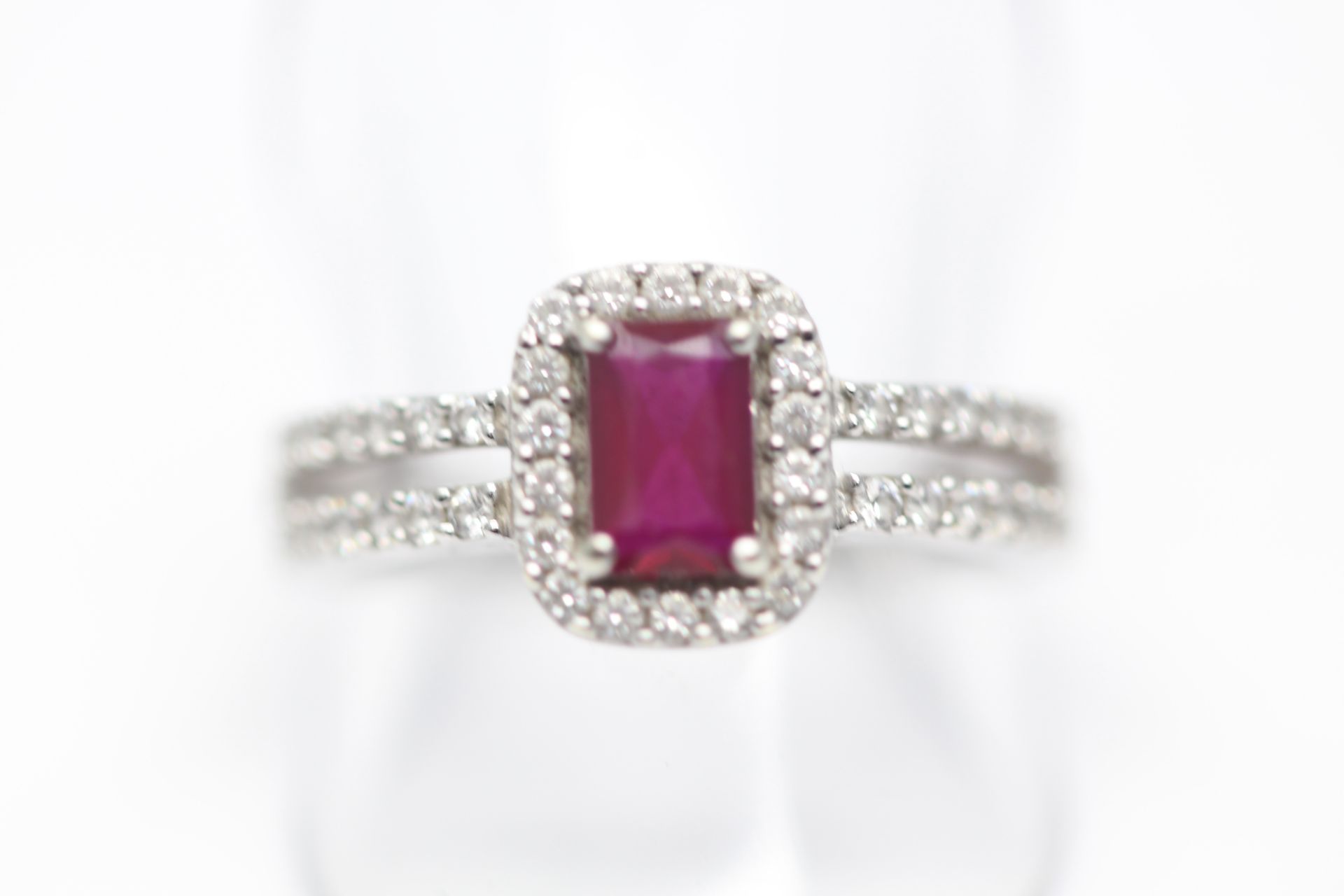 SOLID WHITE GOLD LADIES RING SET WITH A SINGLE EMERALD CUT NATURAL RED RUBY WITH DIAMONDS (PV-JH)